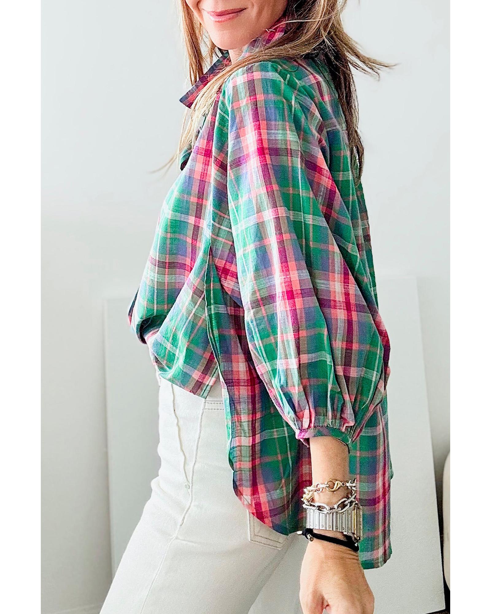 V539-AZEXDC2555366-P922-S-202506131647-00 Green Checkered 3/4 Sleeve Collared Loose Fit Shirt - S - Image 1