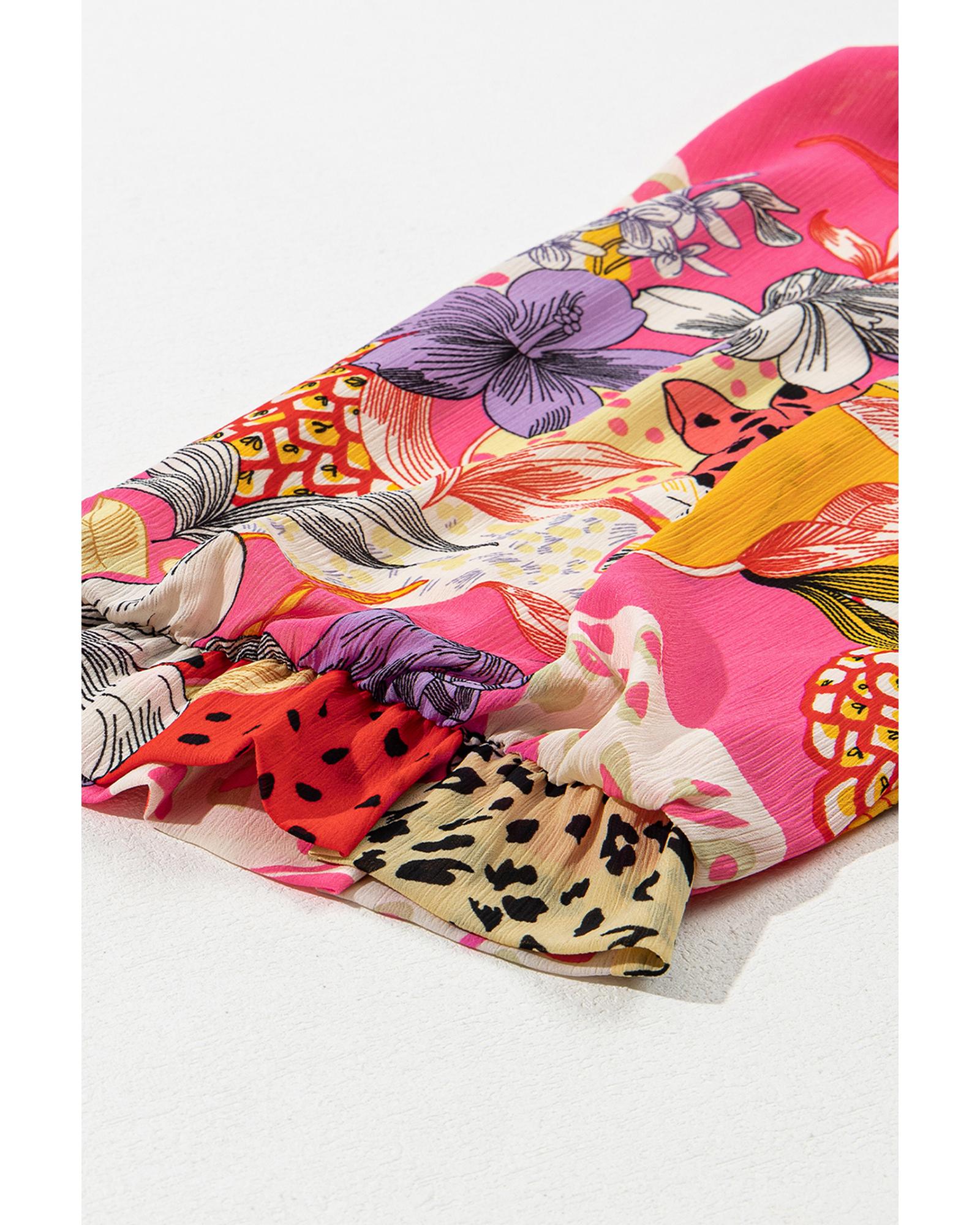 V539-AZEXDC2555408-P320-M-202508281255-00 Red Abstract Floral Print Buttoned Ruffled Bubble Sleeve Shirt - M - Image 1