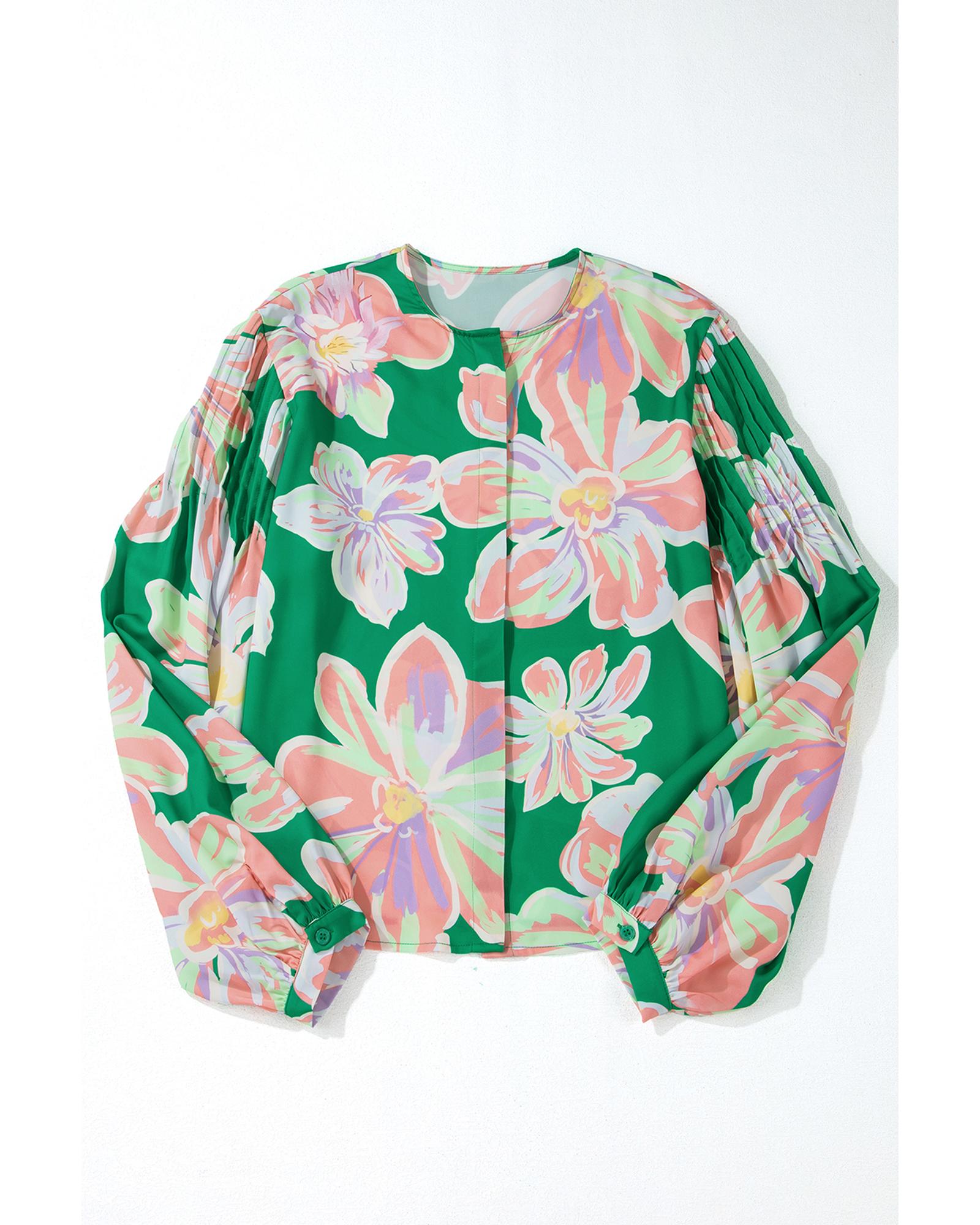 V539-AZEXDC2555466-P920-S-202506131717-00 Green Floral Print Button up Pleated Puff Sleeve Loose Shirt - S - Image 1
