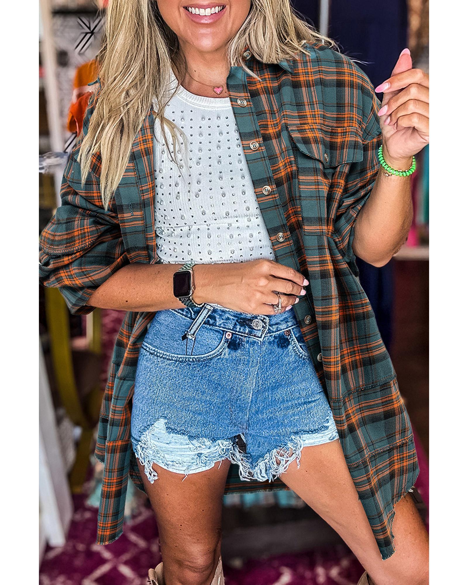 V539-AZEXDC2555605-P920-S-202506131745-00 Green Plaid Long Sleeeve Side Split Distressed Hem Shirt - S - Image 1