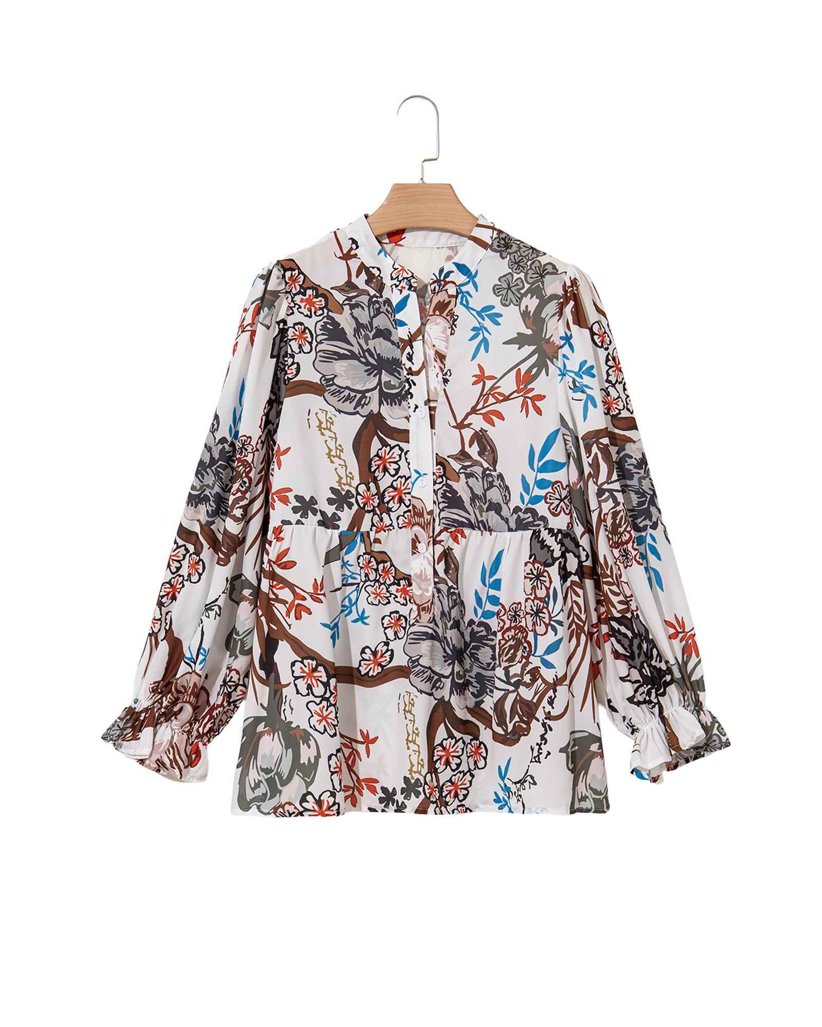 V539-AZEXDC2555770-P101-S-202506131405-00 White Floral Print Balloon Sleeves Button Up Loose Casual Shirt - S - Image 1