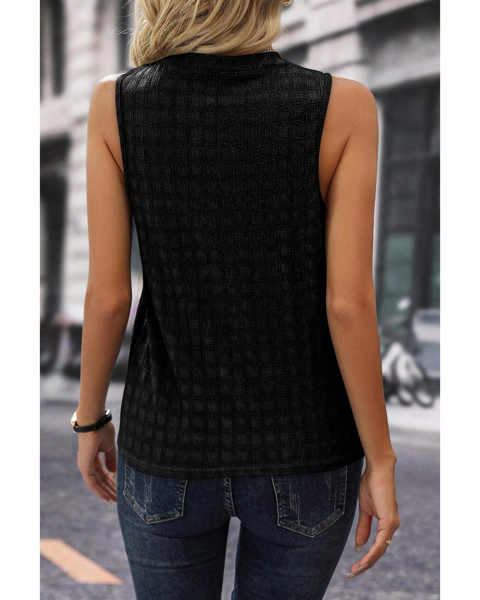 V539-AZEXDC25611705-P2-S-202508292225-00 Black Lattice Textured Split Neck Tank Top - S - Image 1
