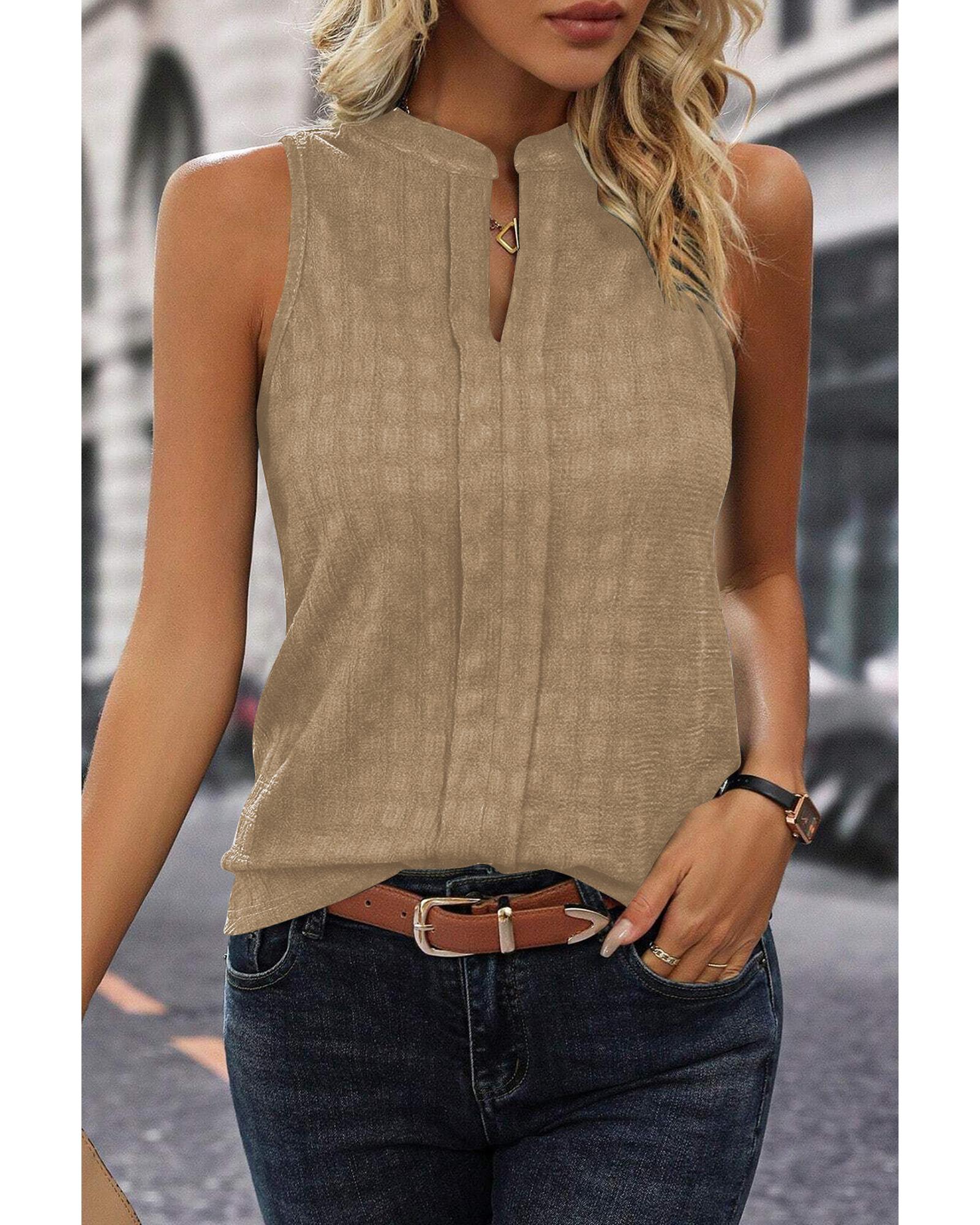 V539-AZEXDC25611705-P4016-L-202508300145-00 Light French Beige Lattice Textured Split Neck Tank Top - L - Image 1
