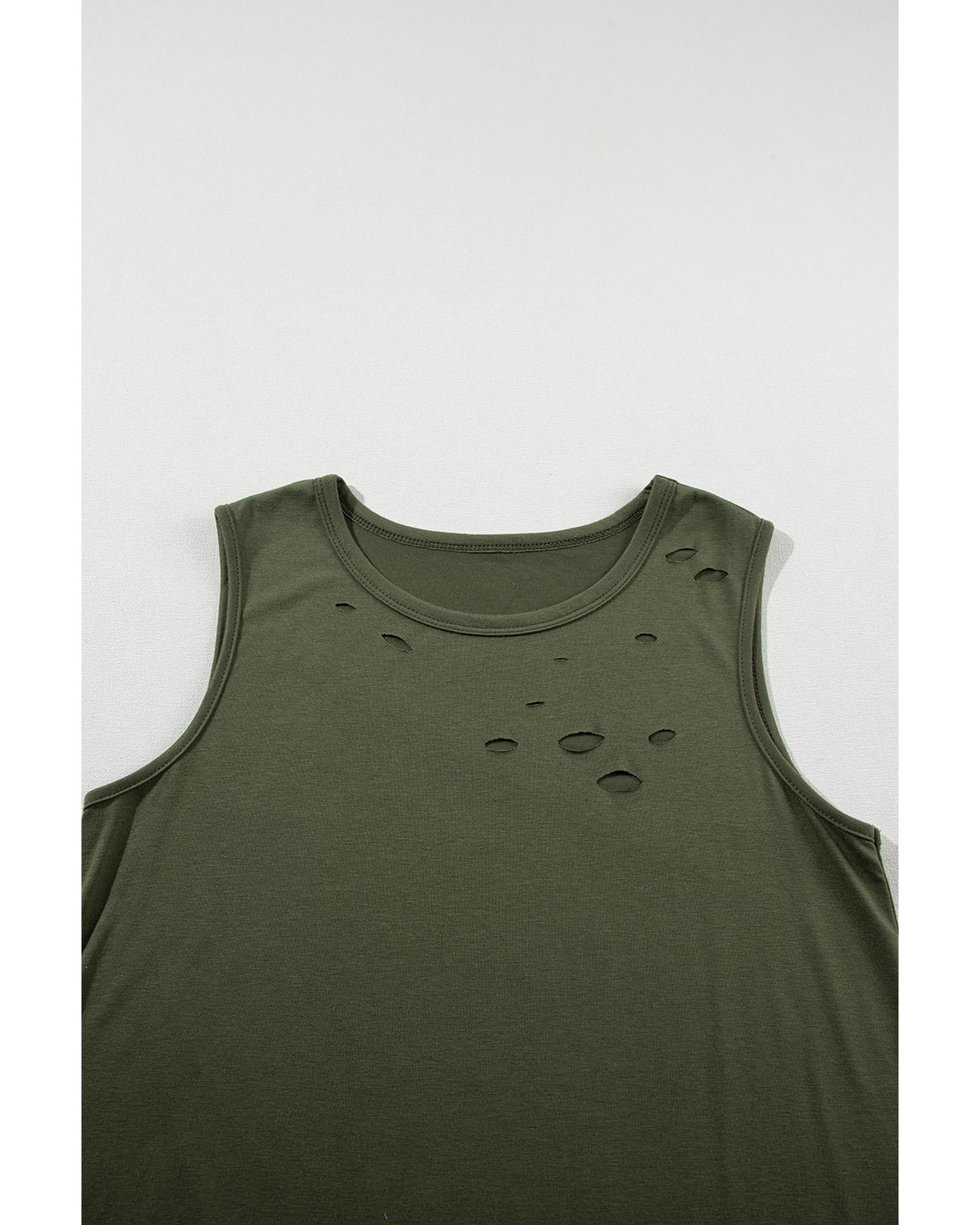 V539-AZEXDC25611786-P609-L-202508280050-06 Jungle Green Solid Color Distressed Holes Crew Neck Tank Top - L - Image 7