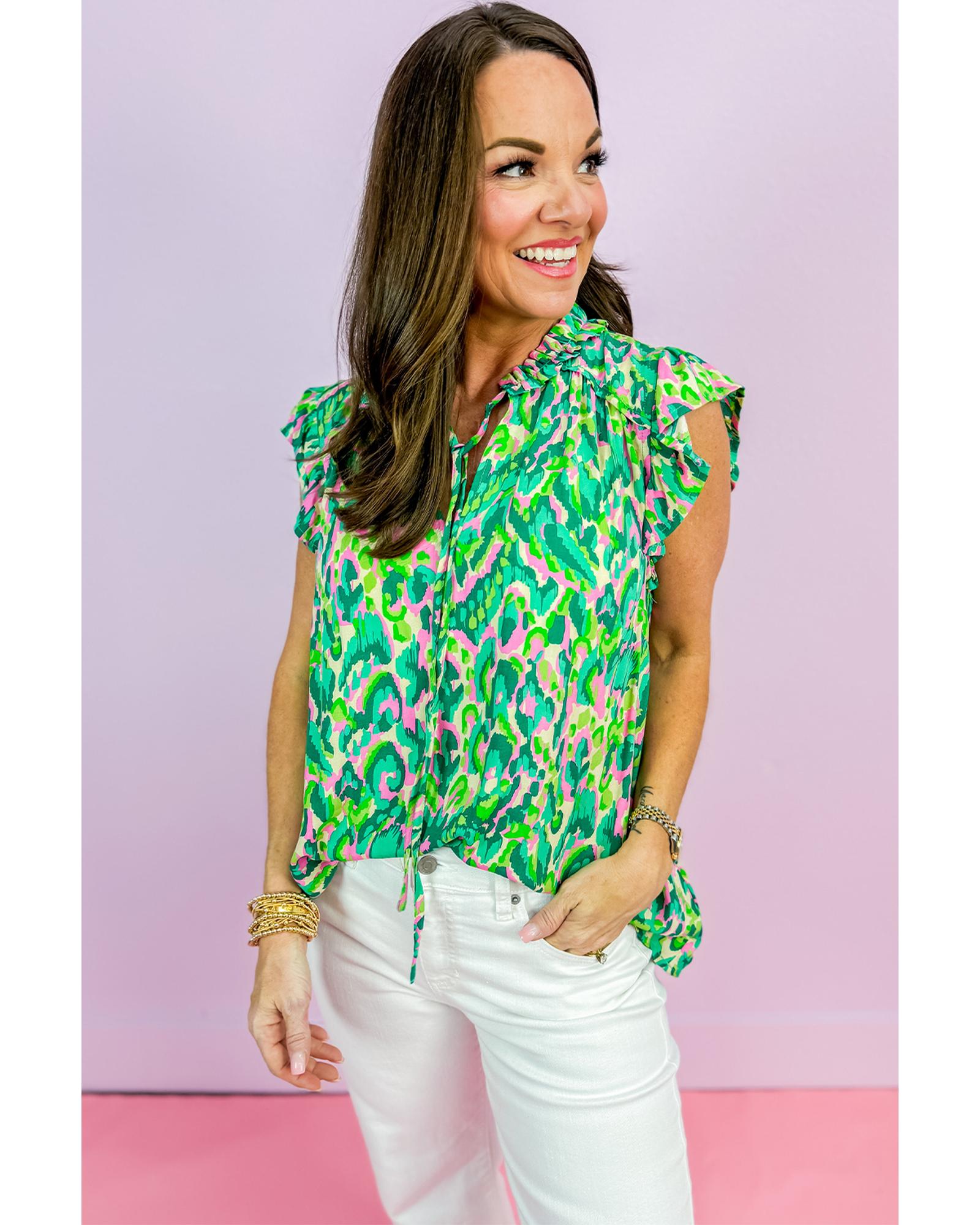 V539-AZEXDC25612241-P920-S-202506131341-00 Green Abstract Print Ruffled Trim Tied Split Neck Tank Top - S - Image 1