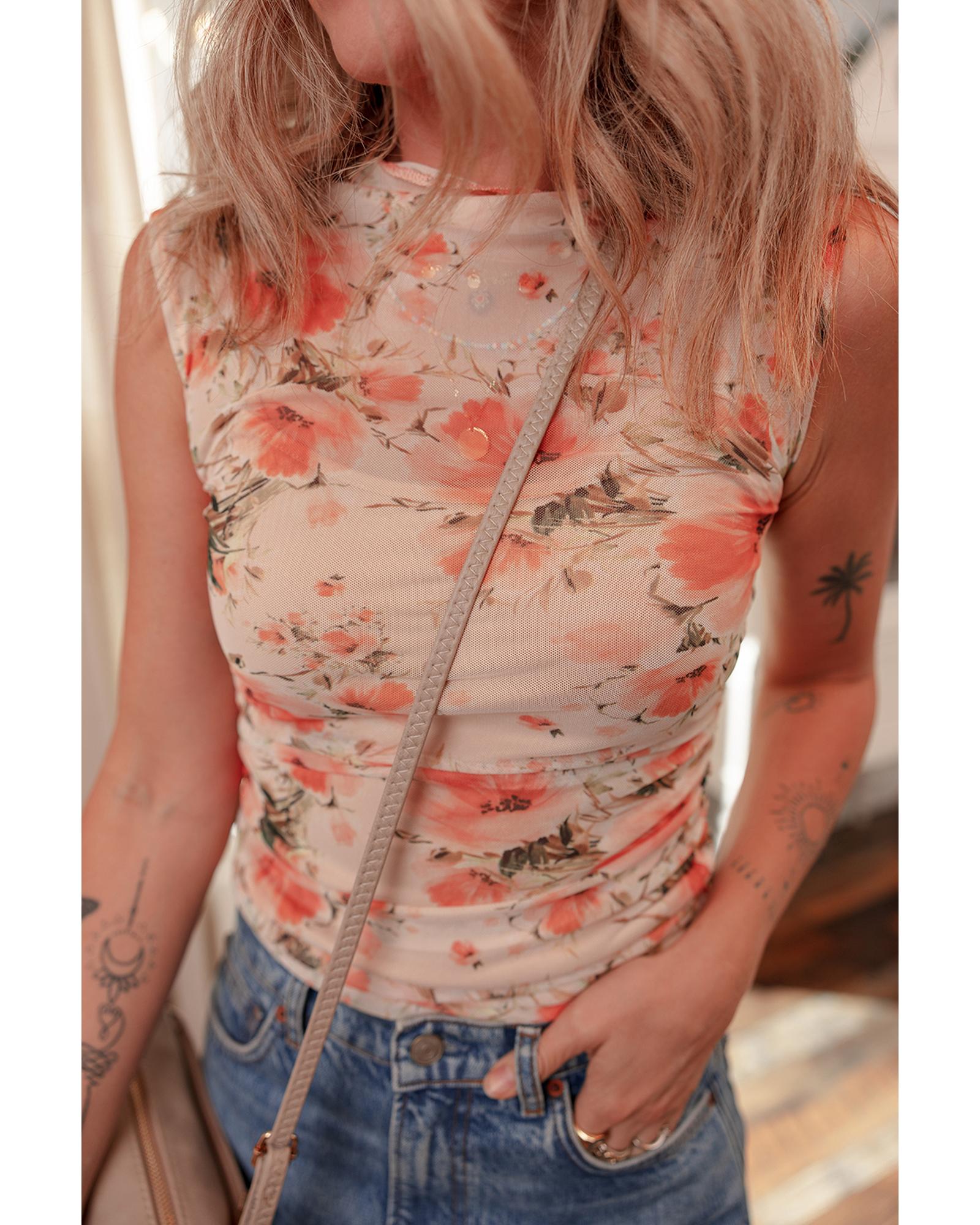 V539-AZEXDC25612843-P10320-L-202506131631-00 Red Mesh Floral Printed Slim Fit Tank Top - L - Image 1