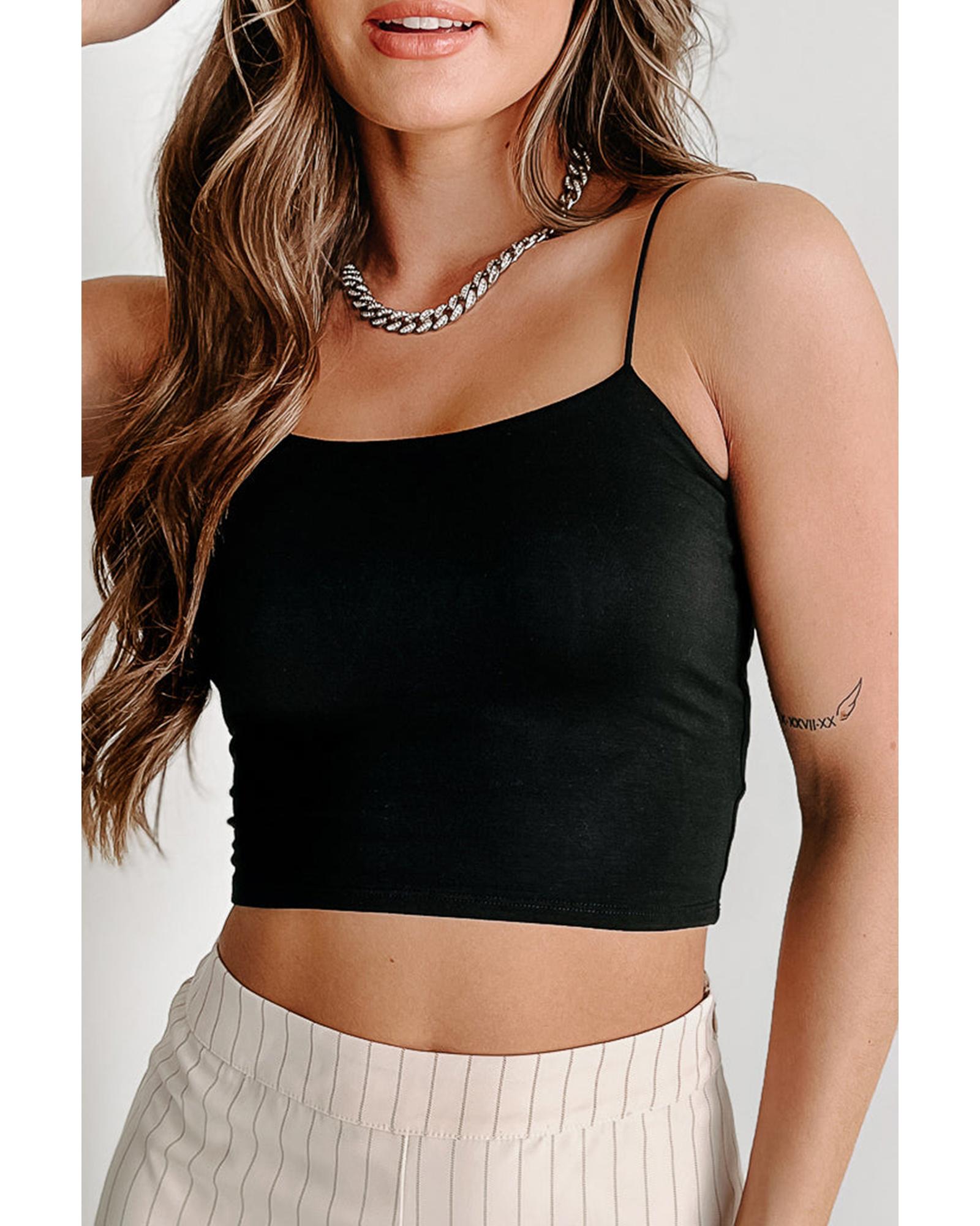 V539-AZEXDC25613048-P2-L-202508281945-00 Black Spaghetti Strap Skinny Fit Cropped Tank Top - L - Image 1