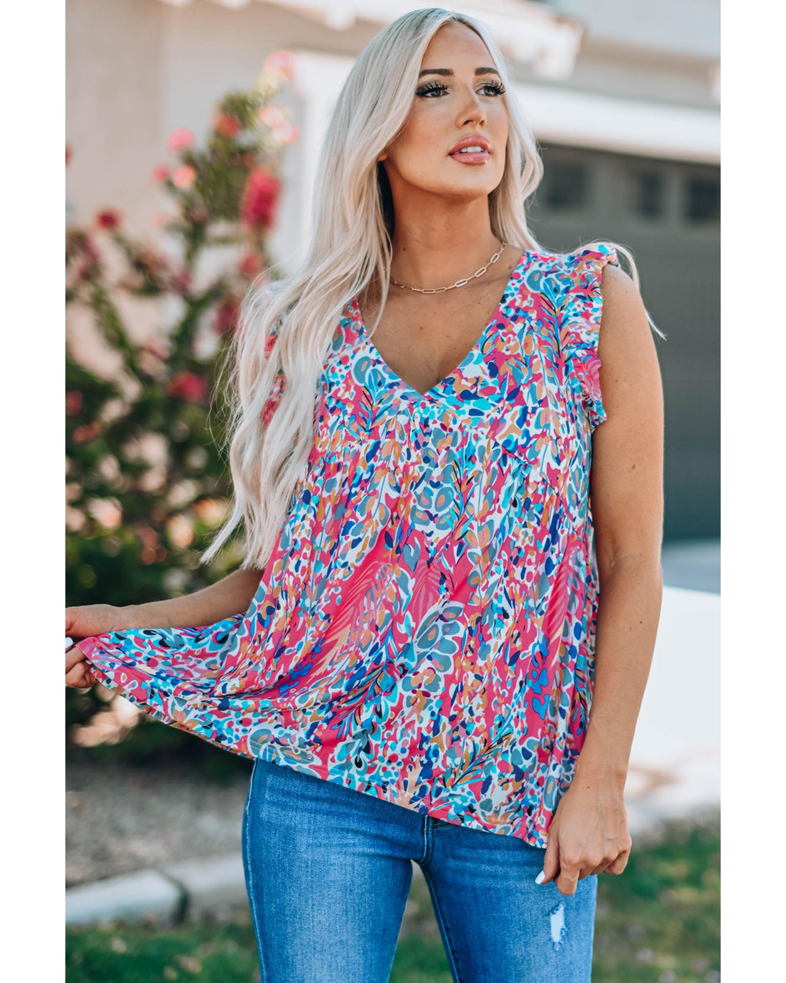 V539-AZEXDC2565745-10-S-202506131317-00 Boho Pattern Print Flounce V Neck Tank Top - S - Image 1