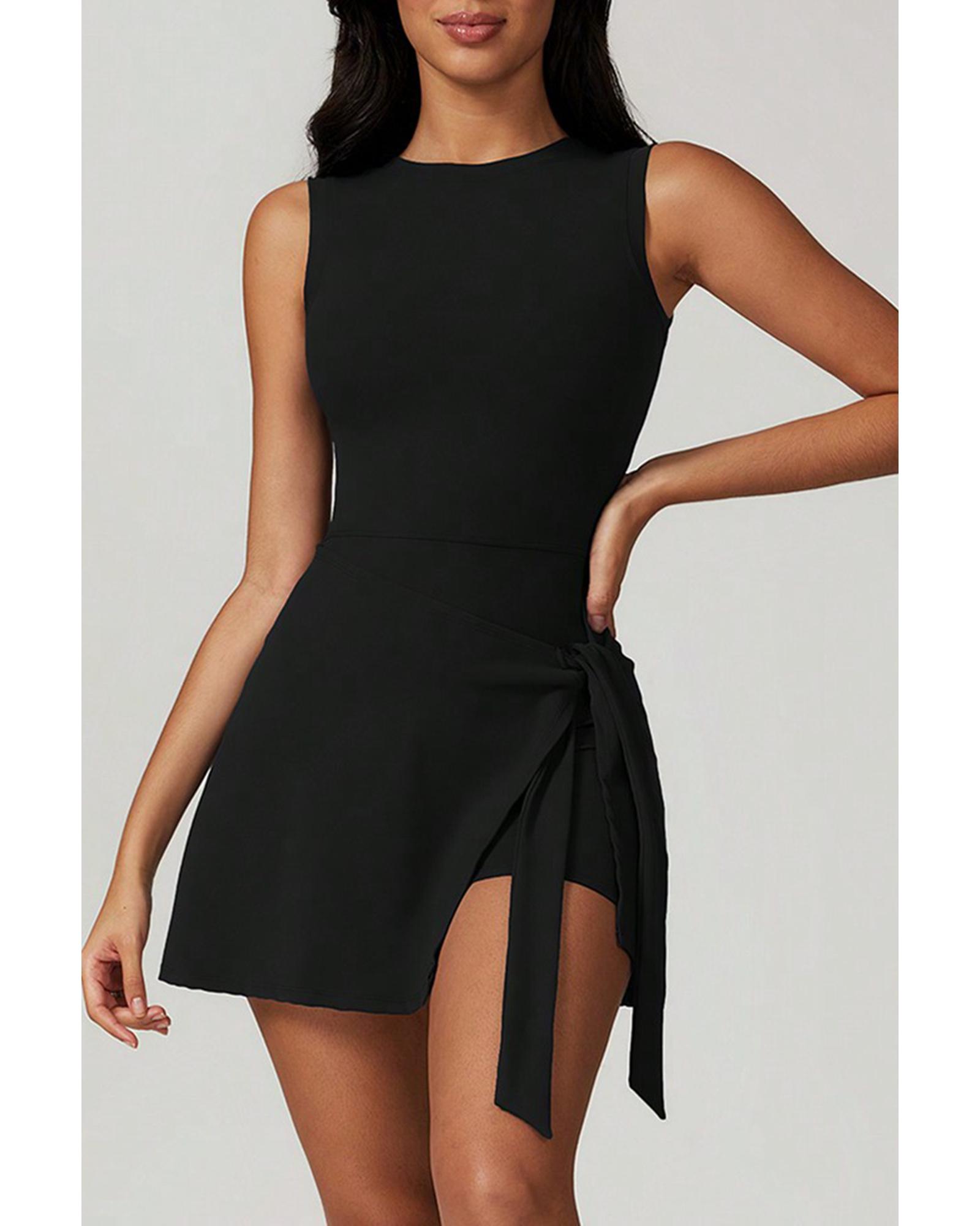 V539-AZEXDC2631209-P2-L-202508272310-00 Black Sleeveless Knot Skirt Hem Sports Romper - L - Image 1