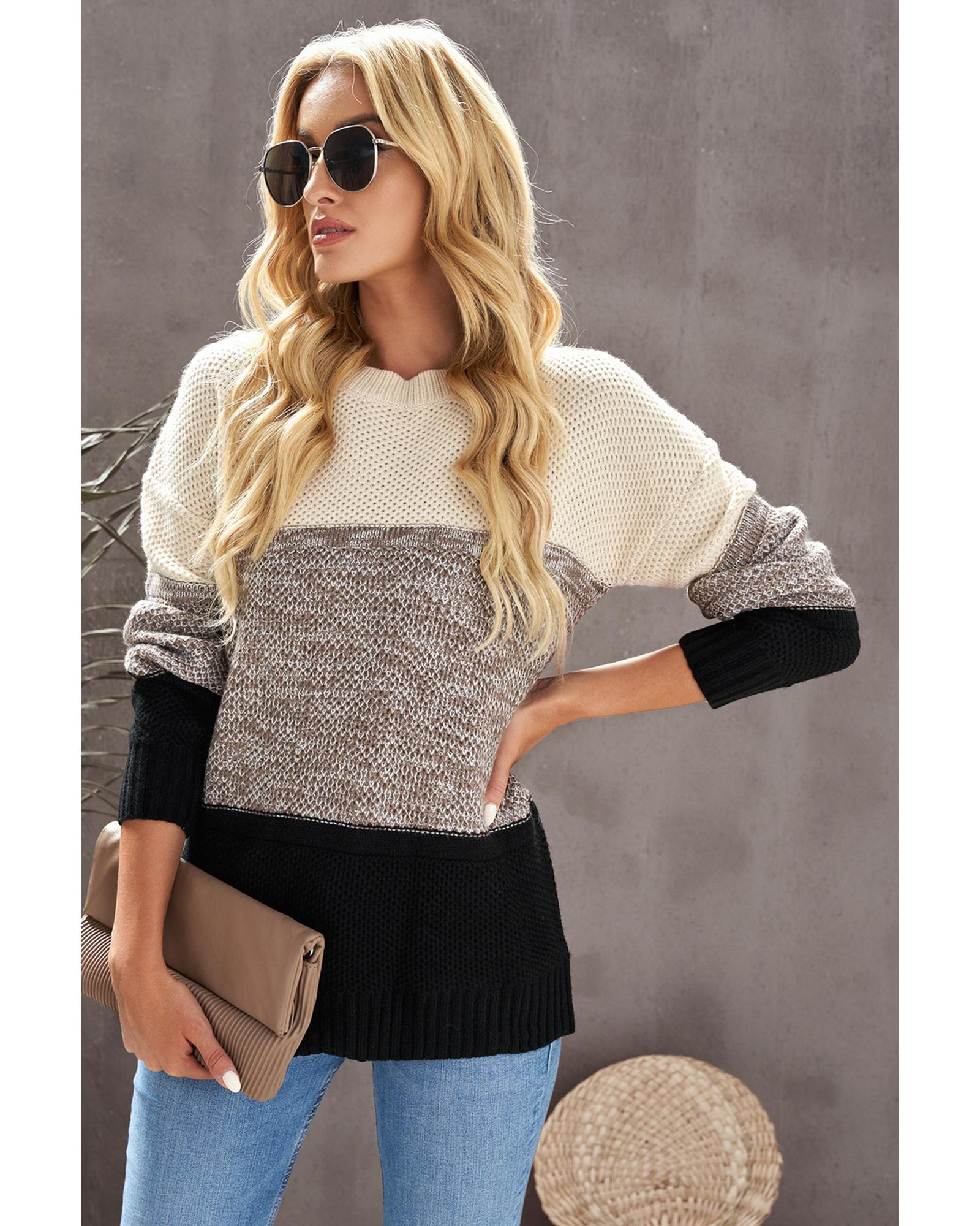 V539-AZEXDC270053-2-M-202506131647-02 Black Color Block Netted Texture Pullover Sweater - M - Image 3
