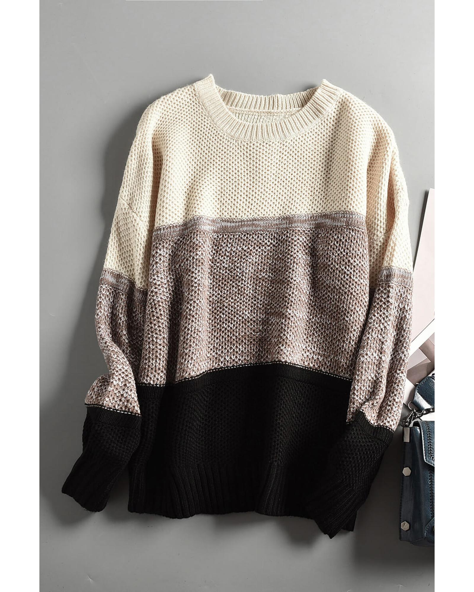 V539-AZEXDC270053-2-M-202506131647-03 Black Color Block Netted Texture Pullover Sweater - M - Image 4