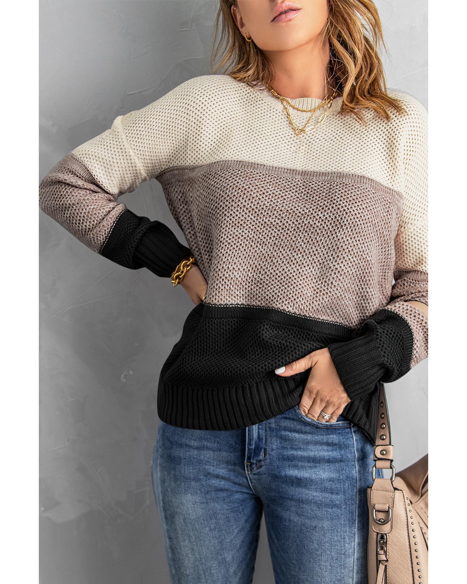 V539-AZEXDC270053-2-M-202506131647-04 Black Color Block Netted Texture Pullover Sweater - M - Image 5
