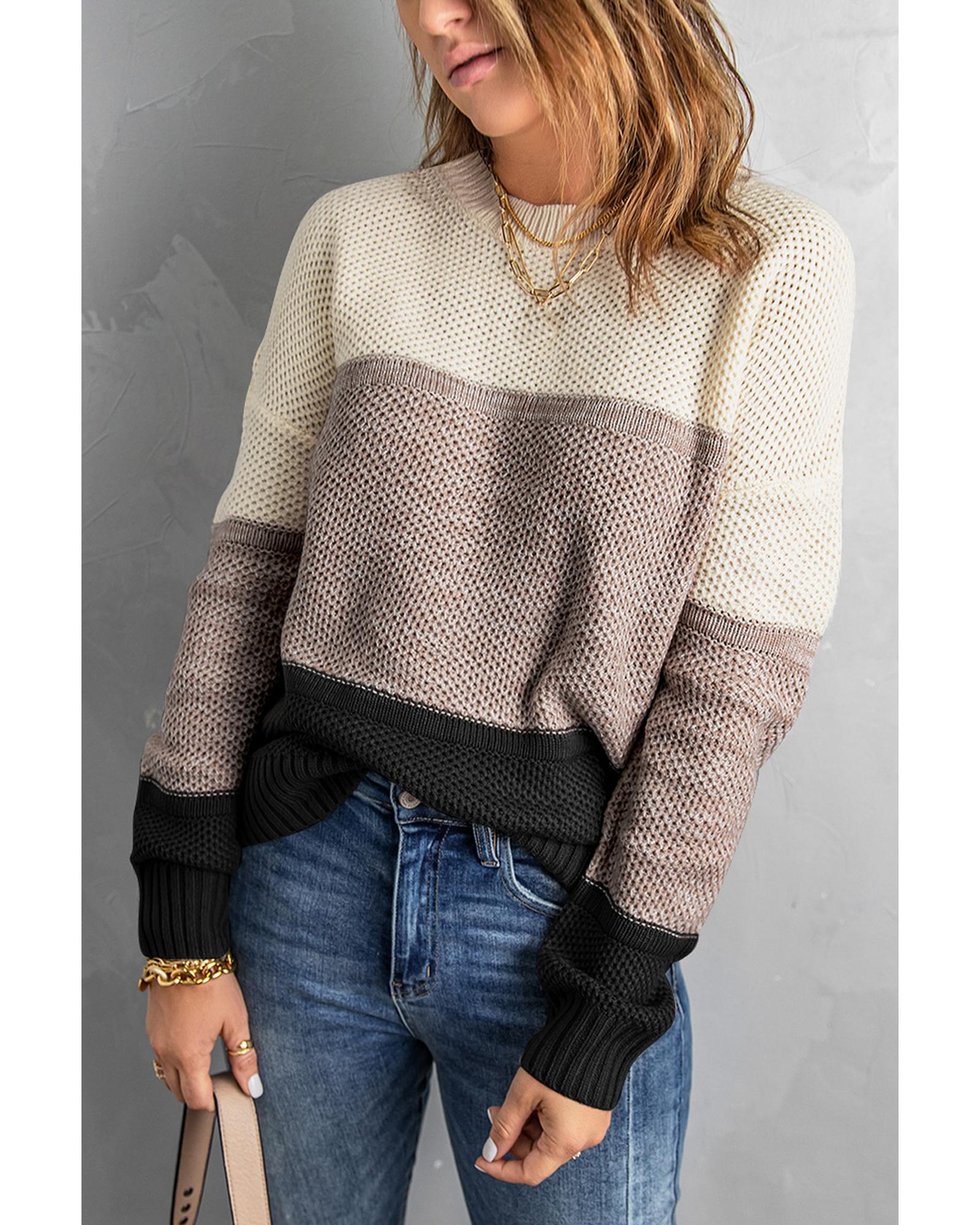 V539-AZEXDC270053-2-M-202506131647-05 Black Color Block Netted Texture Pullover Sweater - M - Image 6