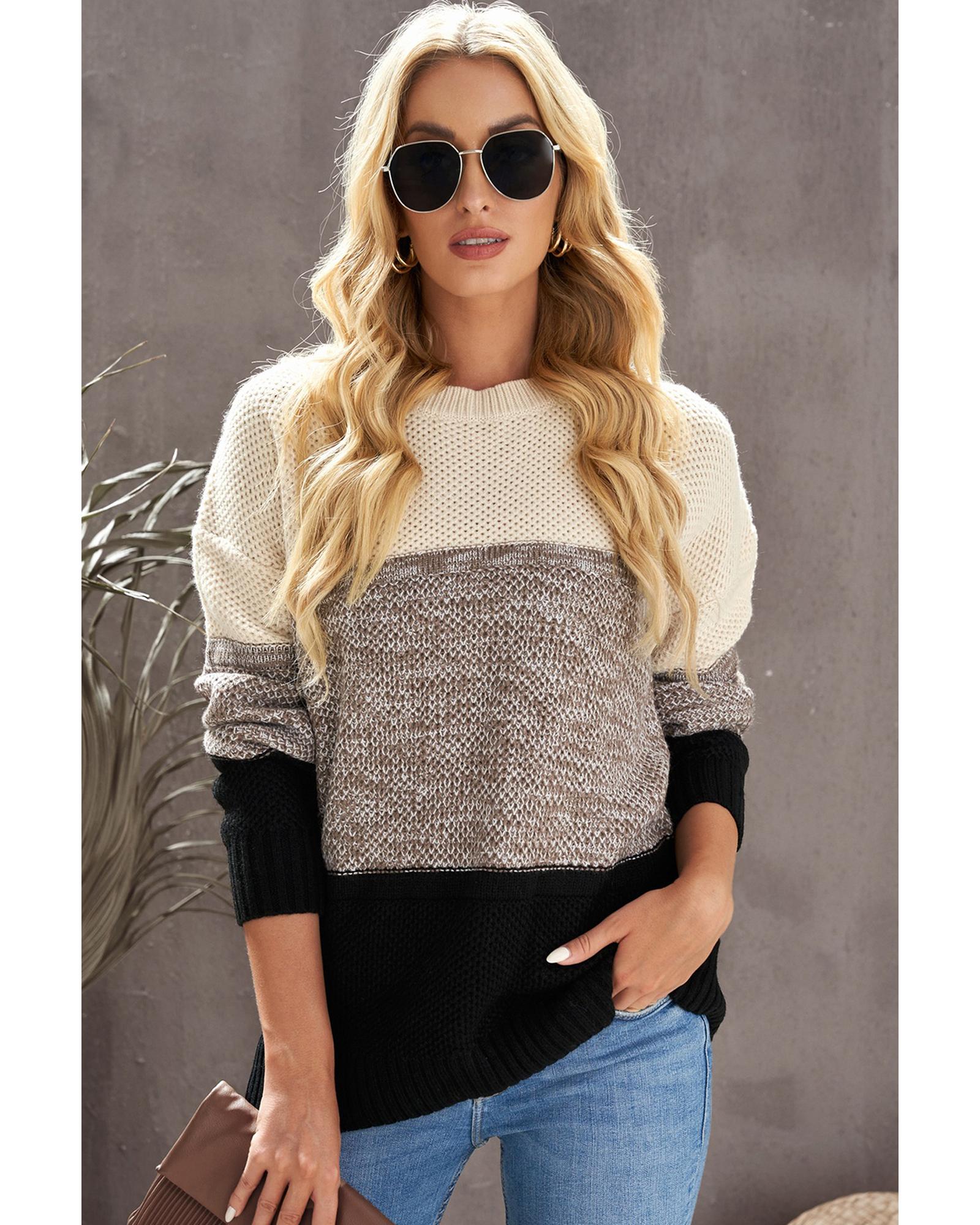 V539-AZEXDC270053-2-M-202506131647-06 Black Color Block Netted Texture Pullover Sweater - M - Image 7