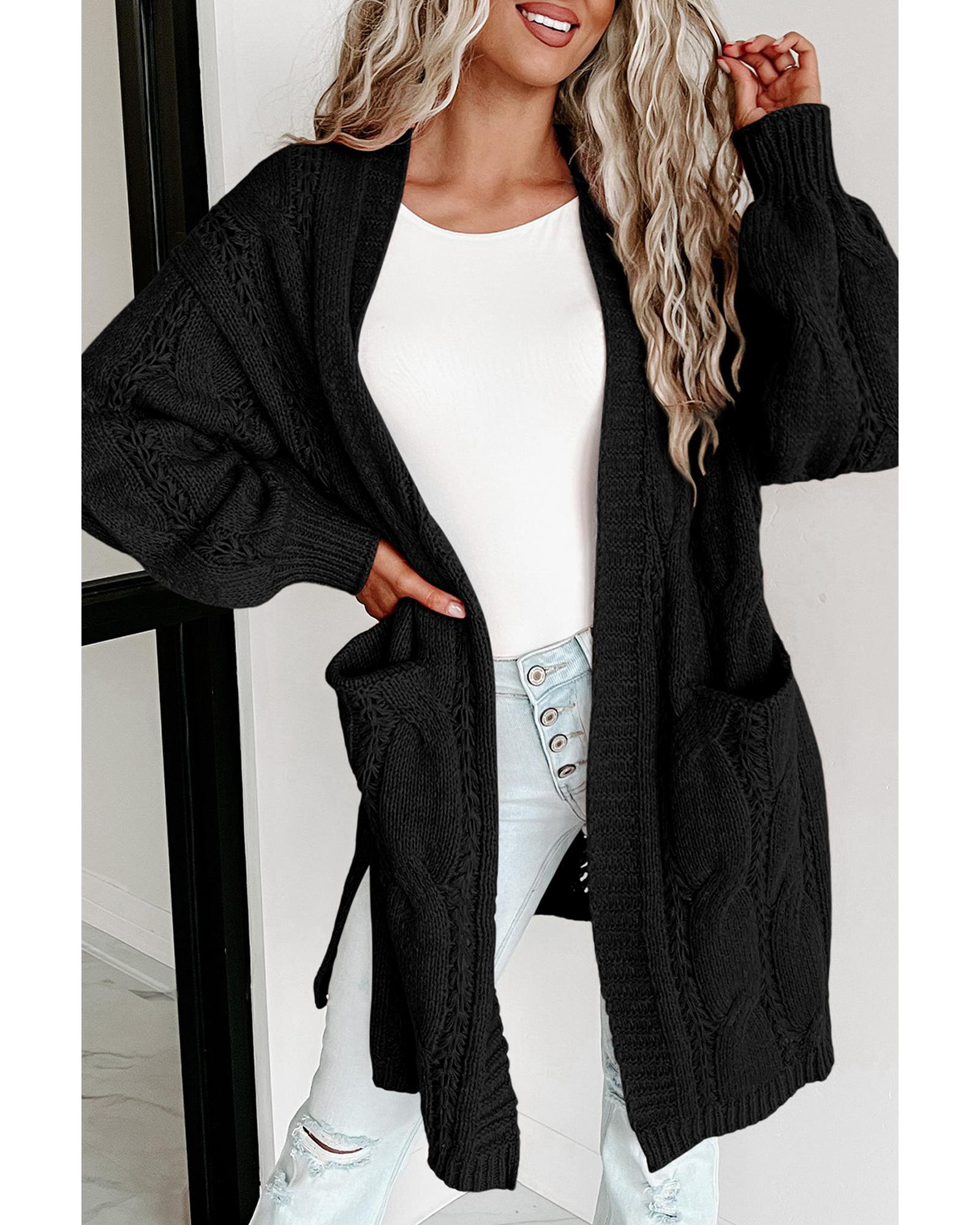 V539-AZEXDC2711021-2-L-202508281040-01 Black Ribbed Trim Eyelet Cable Knit Cardigan - L - Image 2