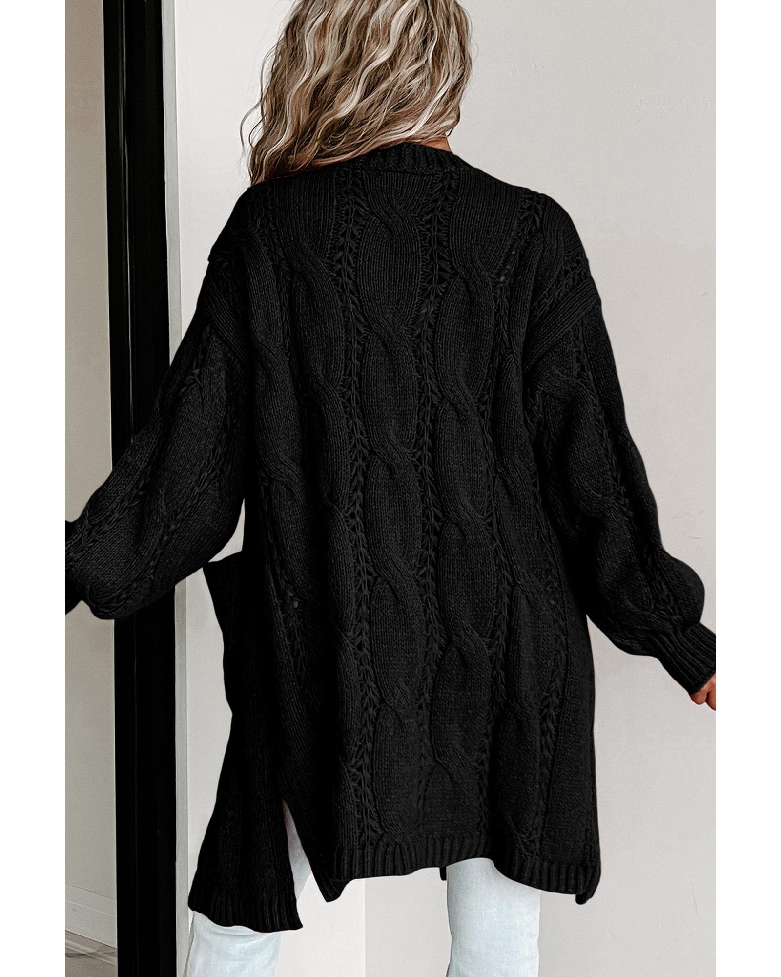 V539-AZEXDC2711021-2-L-202508281040-02 Black Ribbed Trim Eyelet Cable Knit Cardigan - L - Image 3