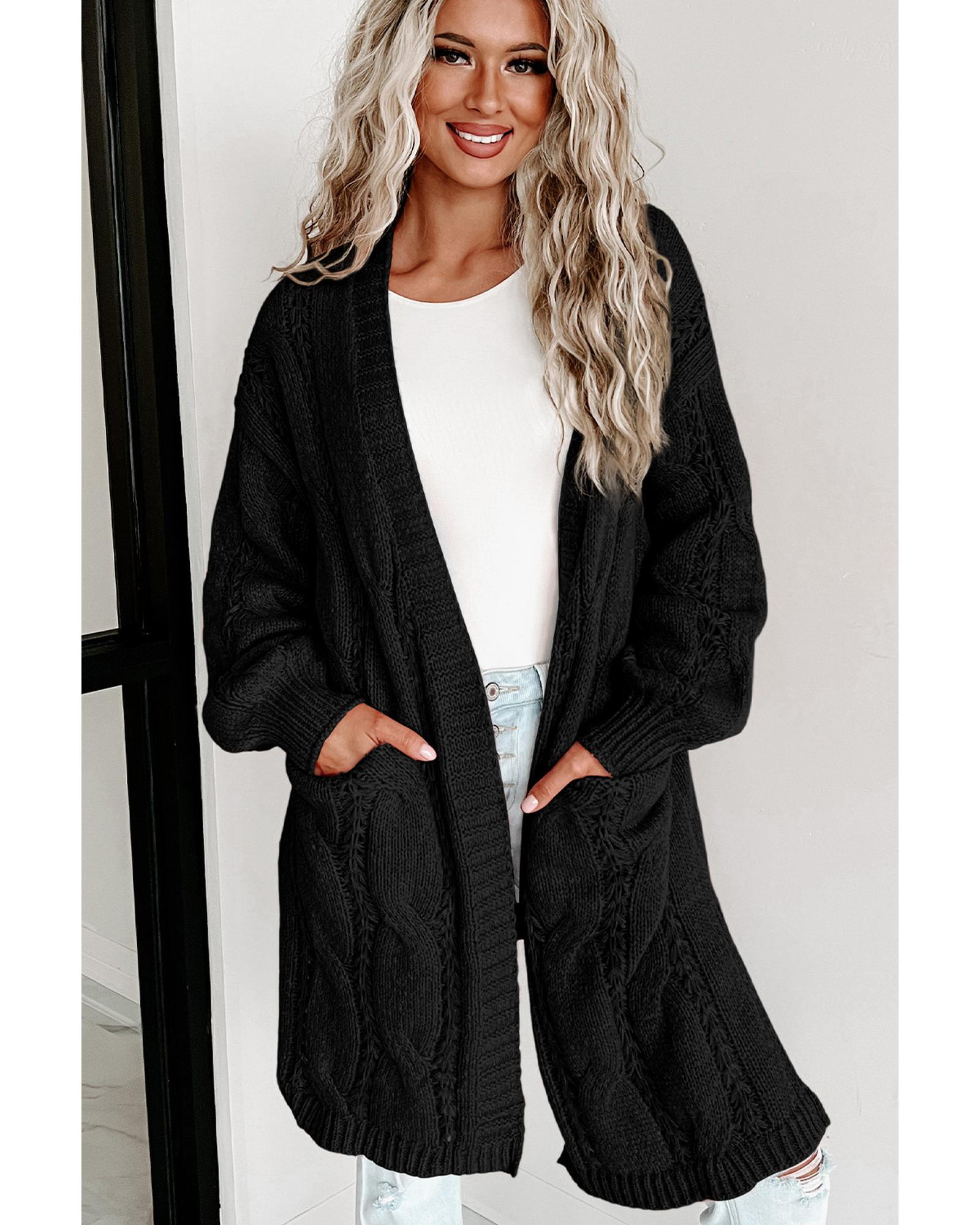 V539-AZEXDC2711021-2-L-202508281040-03 Black Ribbed Trim Eyelet Cable Knit Cardigan - L - Image 4