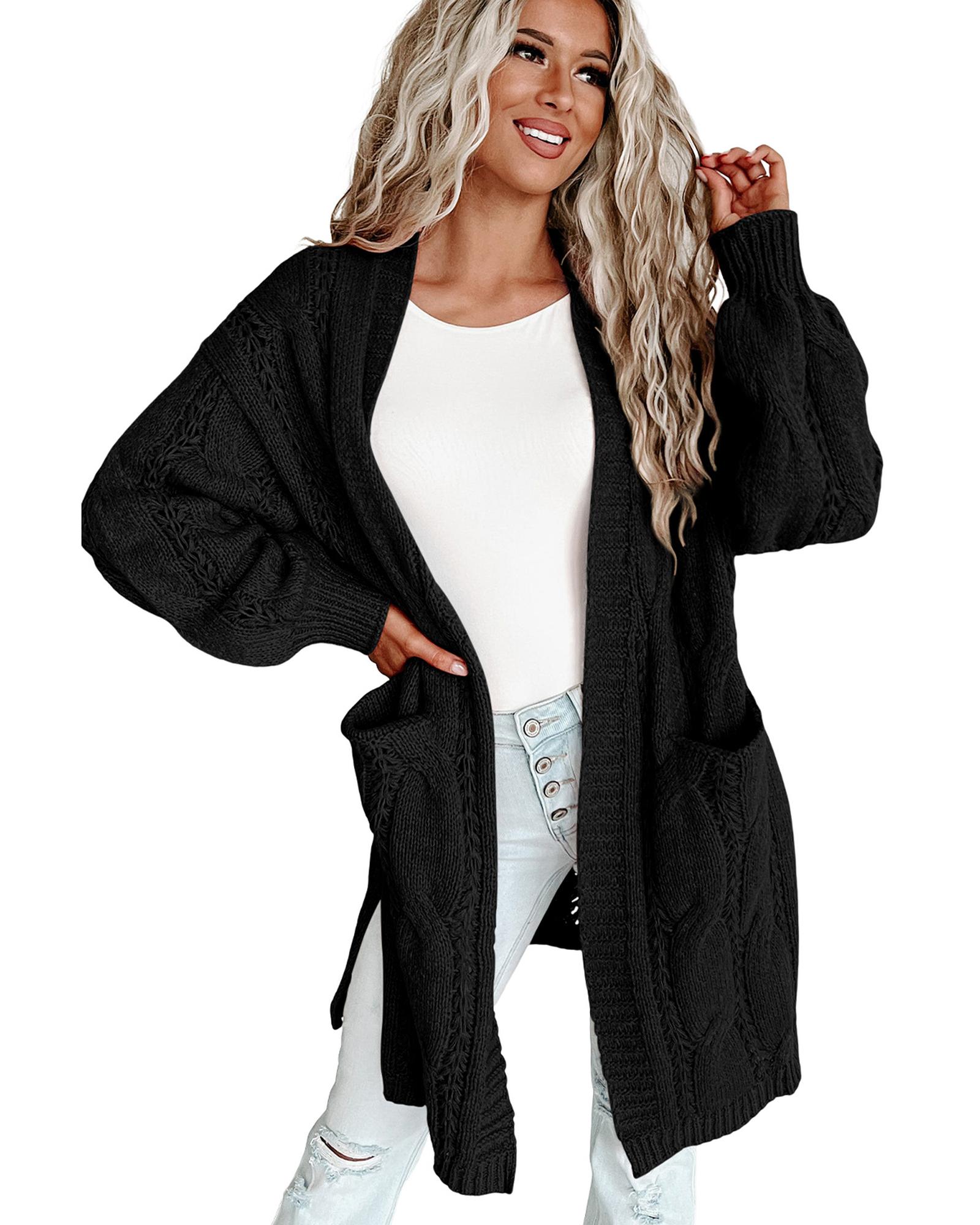 V539-AZEXDC2711021-2-L-202508281040-04 Black Ribbed Trim Eyelet Cable Knit Cardigan - L - Image 5