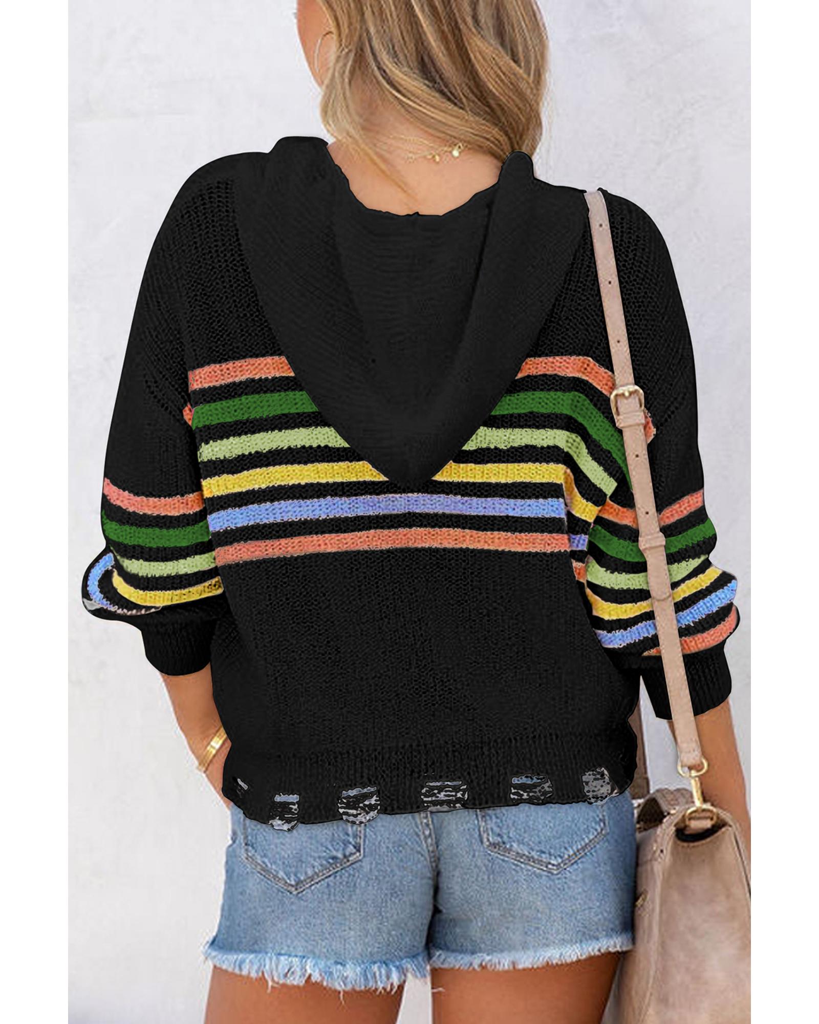 V539-AZEXDC2711240-P2-2XL-202508291735-02 Black Striped Detail Zip Up Hooded Sweater Cardigan - 2XL - Image 3