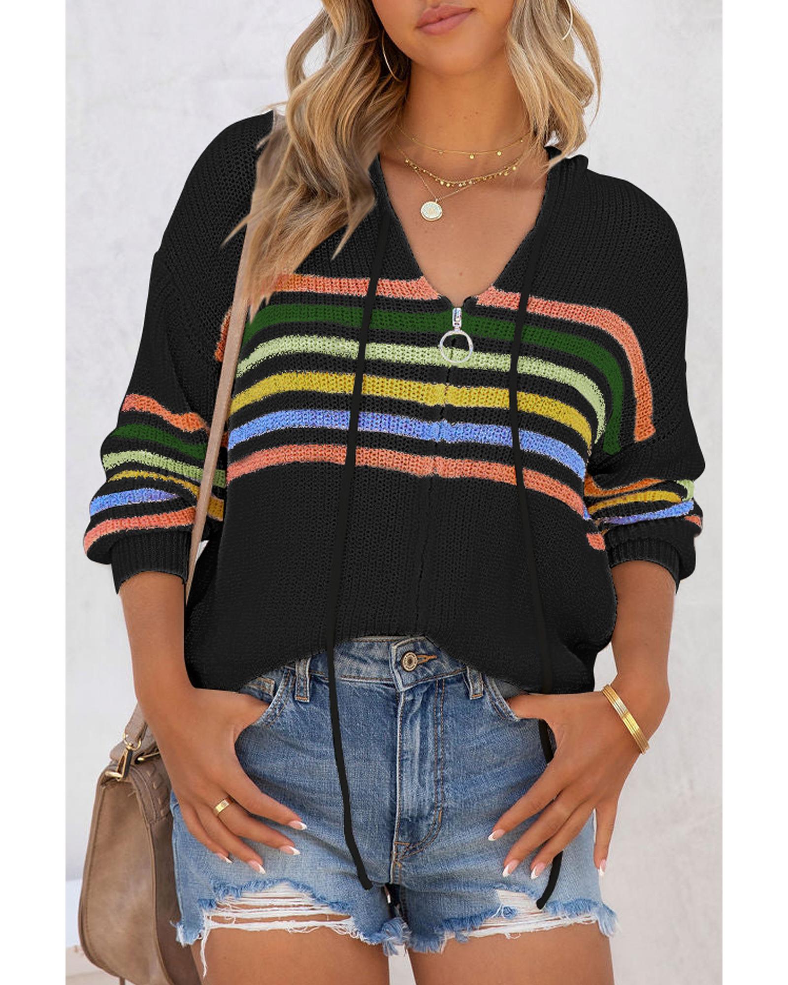 V539-AZEXDC2711240-P2-L-202508291845-01 Black Striped Detail Zip Up Hooded Sweater Cardigan - L - Image 2