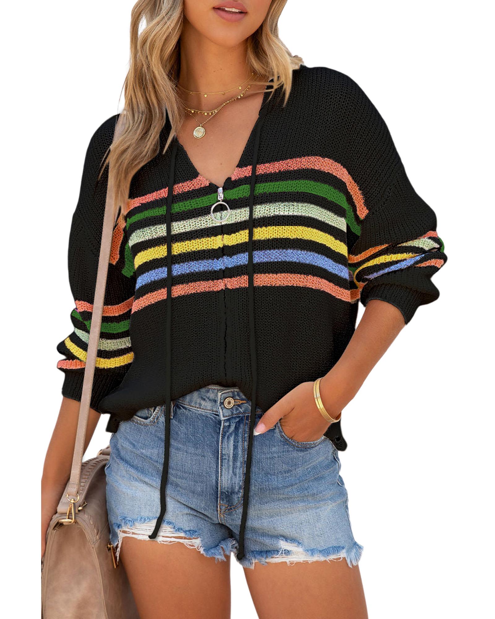 V539-AZEXDC2711240-P2-L-202508291845-03 Black Striped Detail Zip Up Hooded Sweater Cardigan - L - Image 4