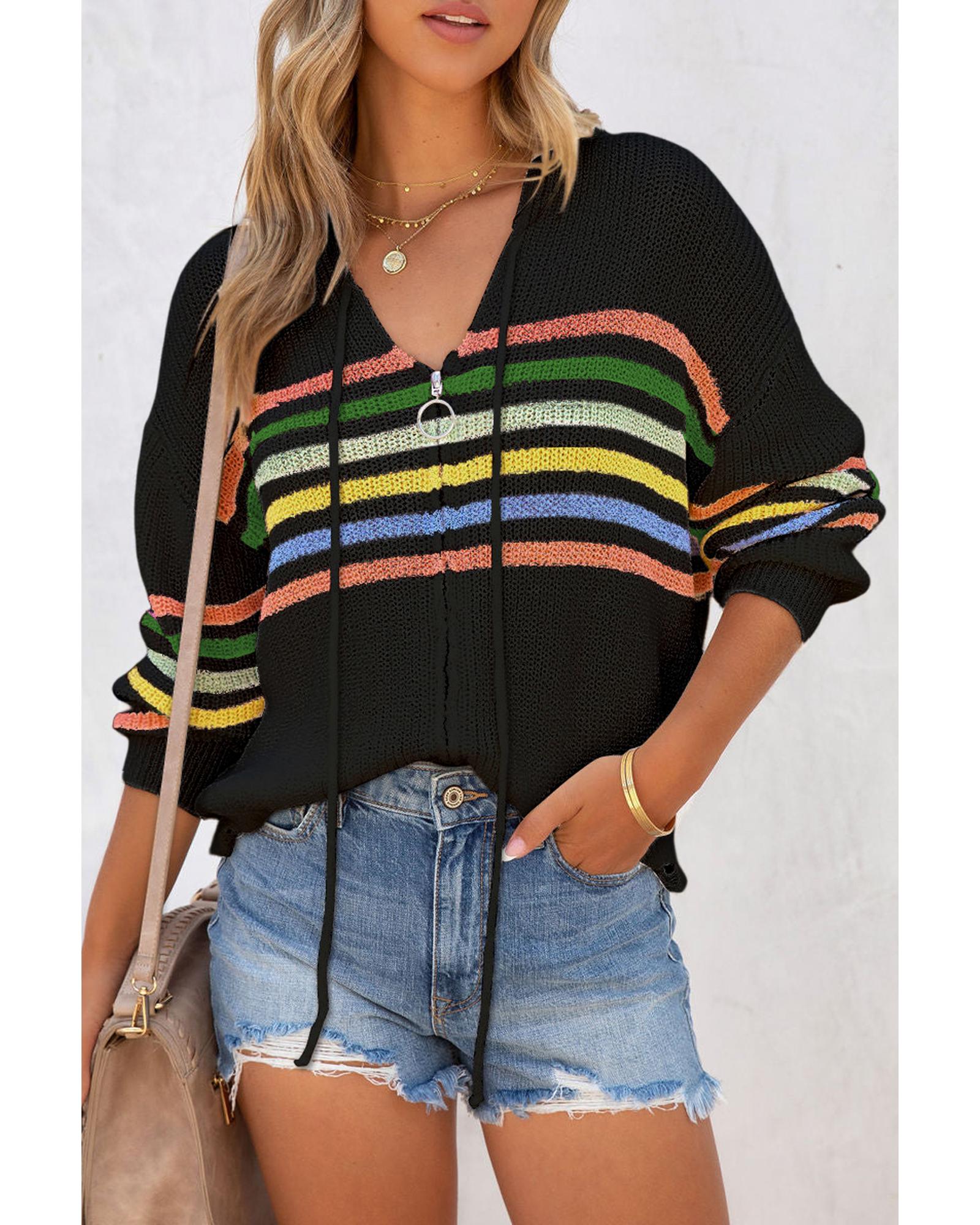 V539-AZEXDC2711240-P2-L-202508291845-04 Black Striped Detail Zip Up Hooded Sweater Cardigan - L - Image 5