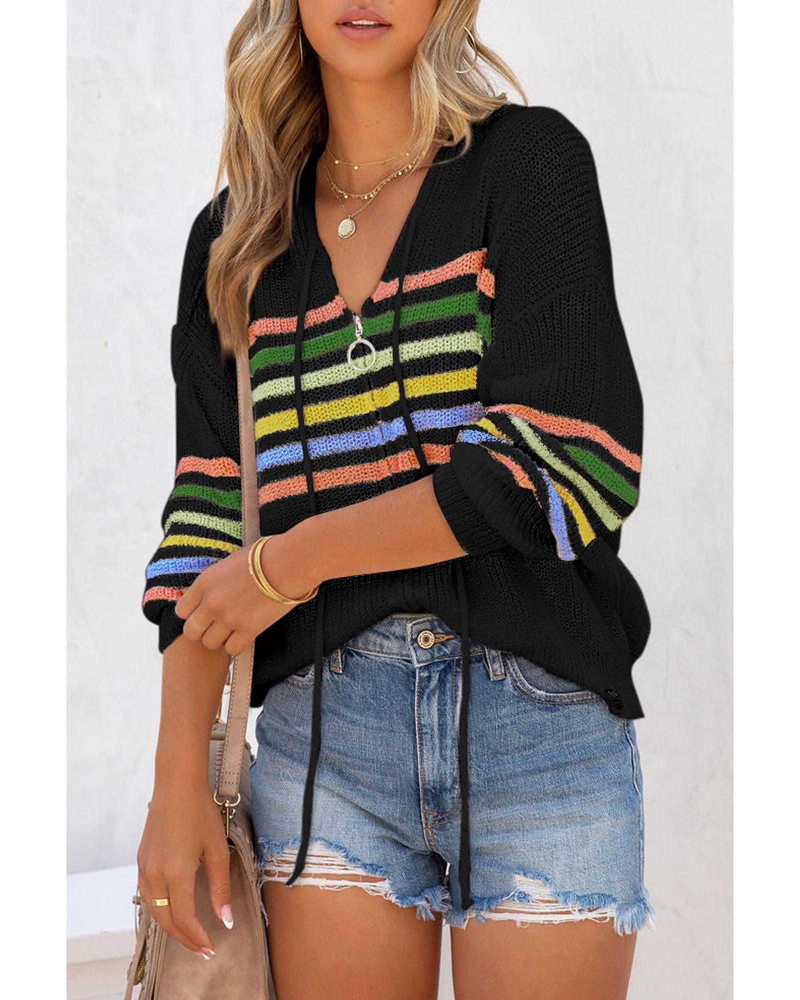 V539-AZEXDC2711240-P2-M-202508292055-04 Black Striped Detail Zip Up Hooded Sweater Cardigan - M - Image 5