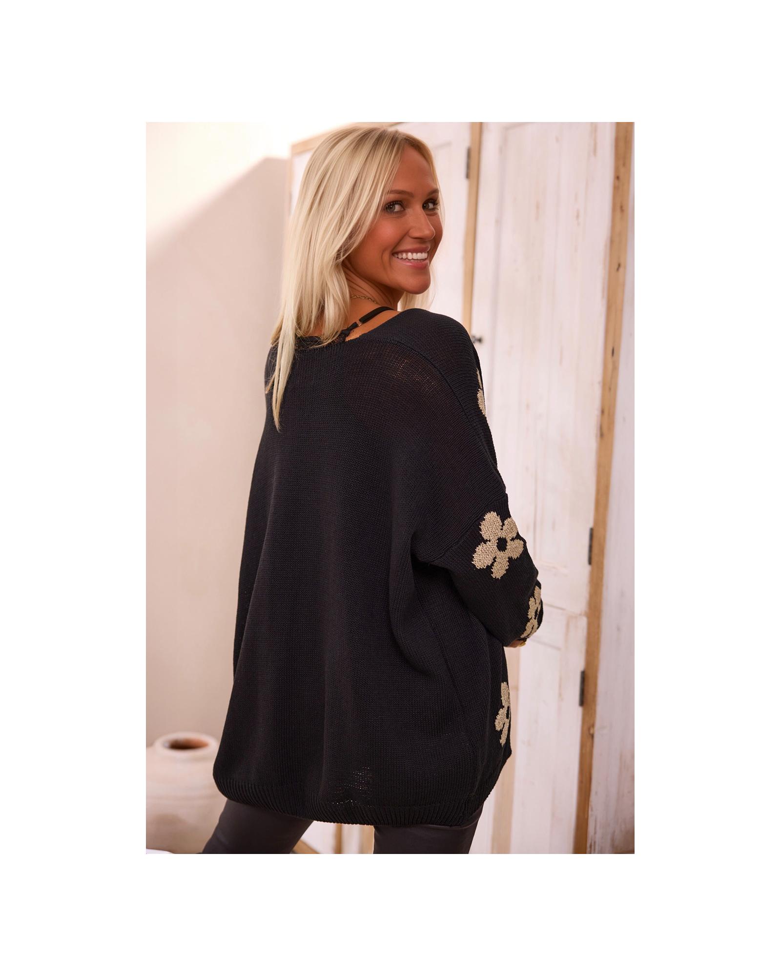 V539-AZEXDC2711718-P2-M-202508300340-01 Black Floral Print Knitted Open Front Loose Cardigan - M - Image 2