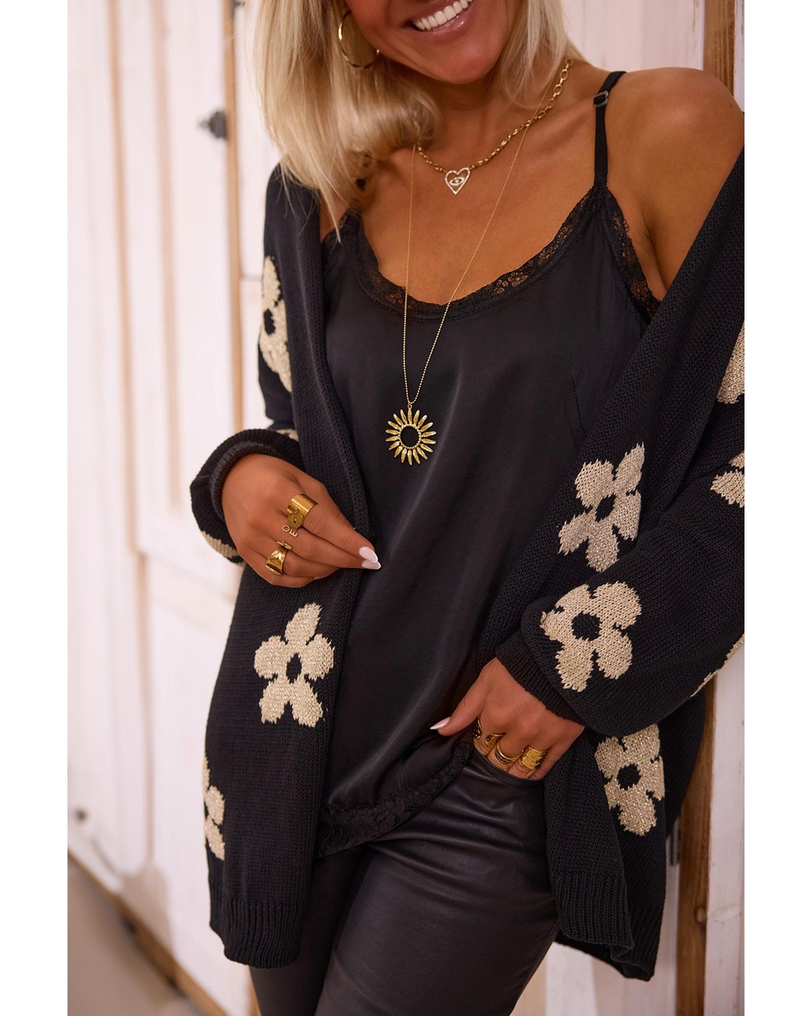 V539-AZEXDC2711718-P2-M-202508300340-03 Black Floral Print Knitted Open Front Loose Cardigan - M - Image 4