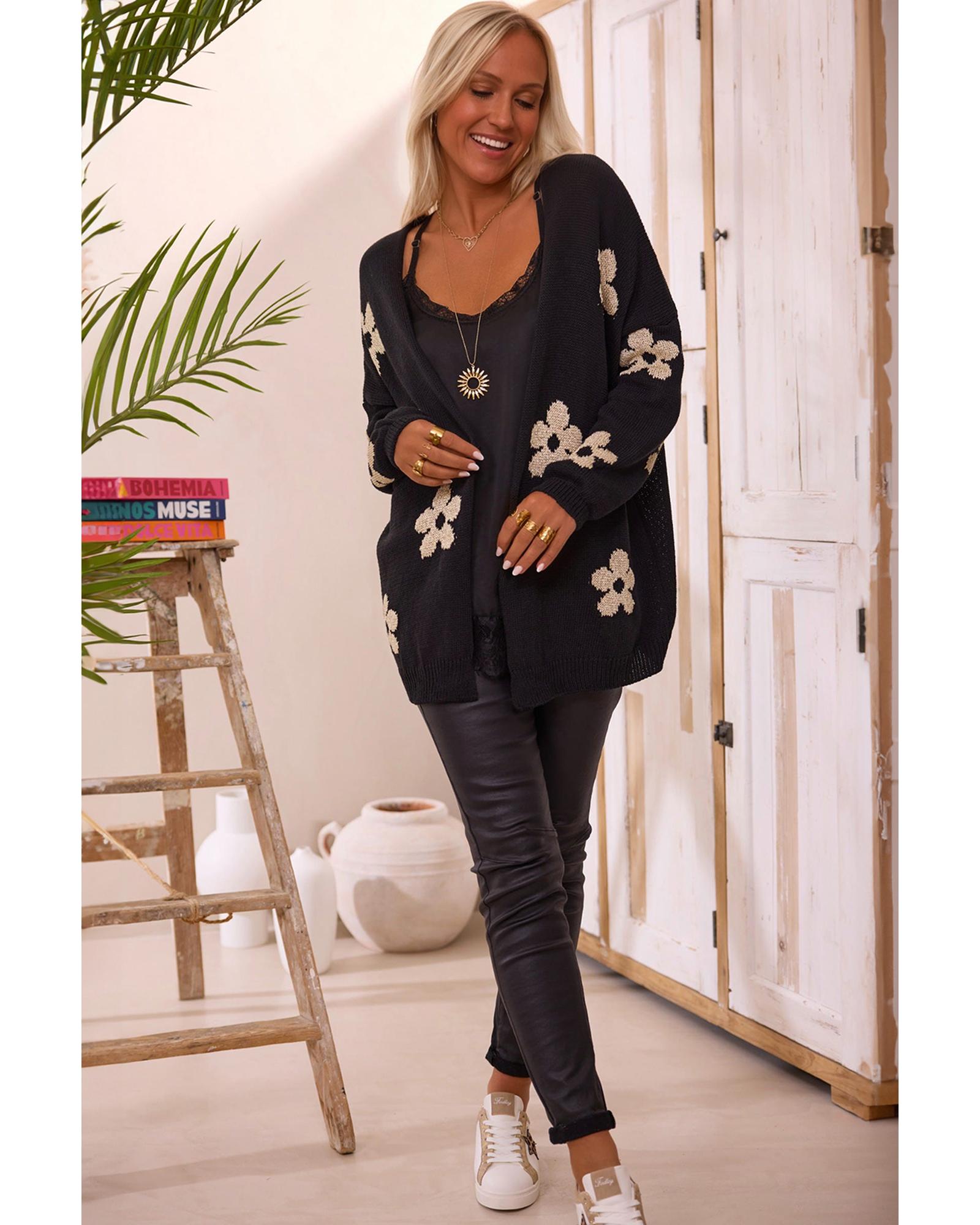 V539-AZEXDC2711718-P2-M-202508300340-04 Black Floral Print Knitted Open Front Loose Cardigan - M - Image 5