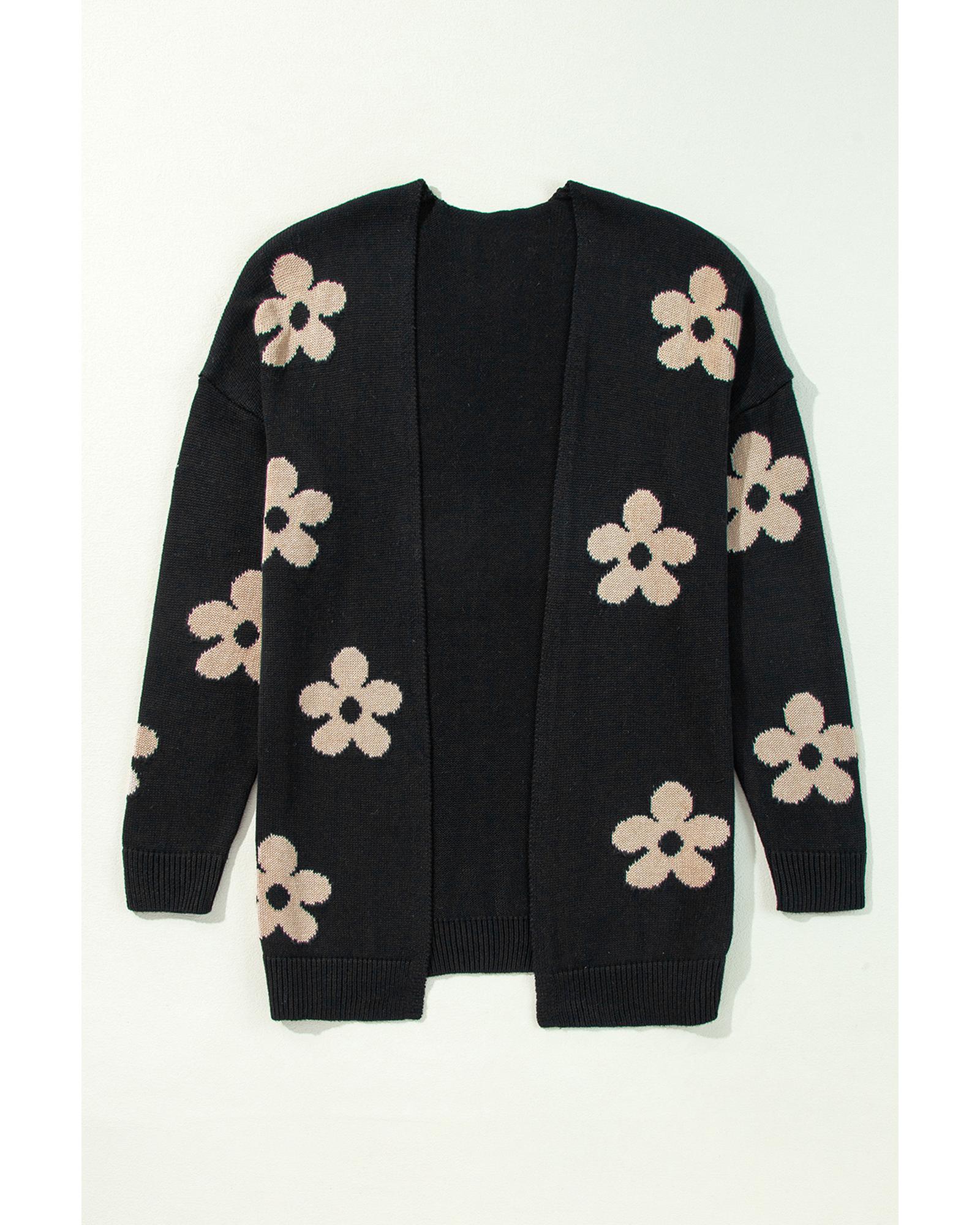 V539-AZEXDC2711718-P2-M-202508300340-05 Black Floral Print Knitted Open Front Loose Cardigan - M - Image 6