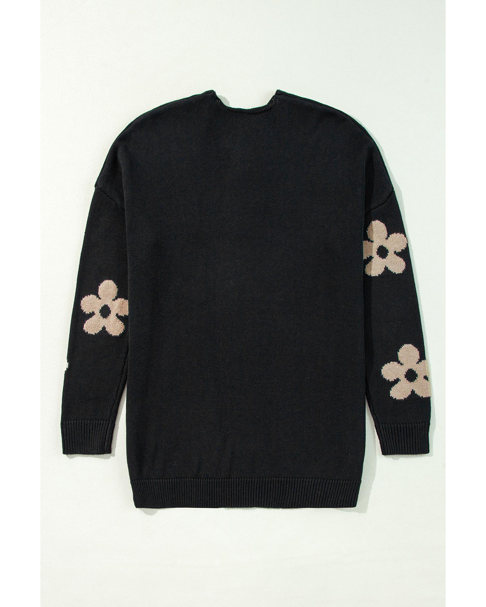 V539-AZEXDC2711718-P2-M-202508300340-06 Black Floral Print Knitted Open Front Loose Cardigan - M - Image 7