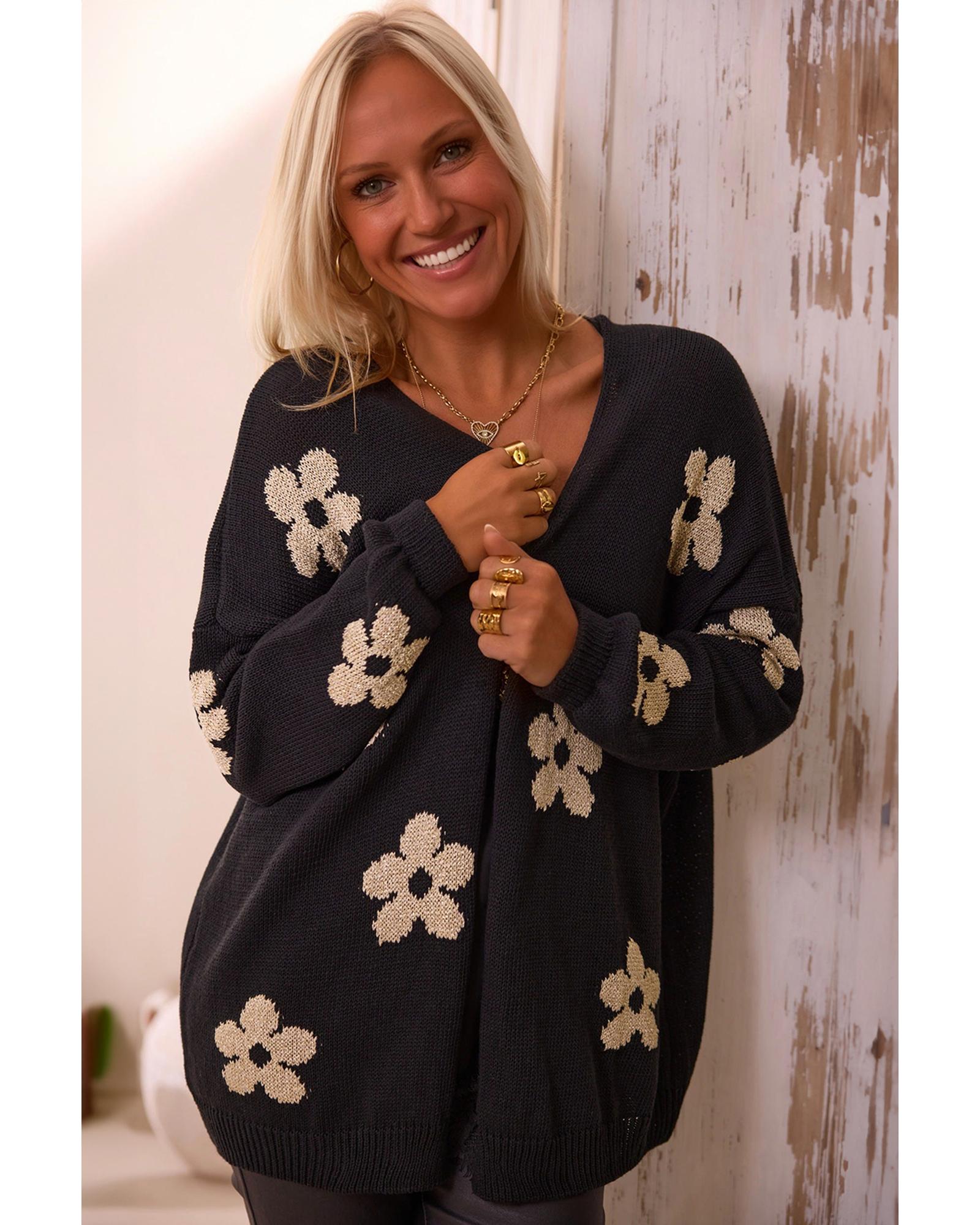 V539-AZEXDC2711718-P2-S-202506132040-02 Black Floral Print Knitted Open Front Loose Cardigan - S - Image 3