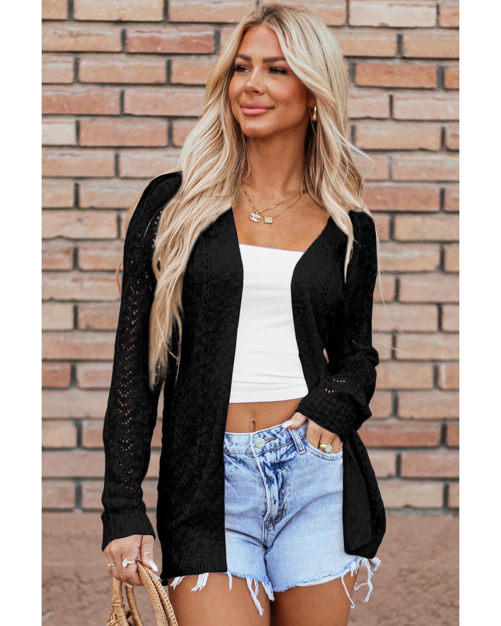 V539-AZEXDC2711740-P2-XL-202508281240-01 Black Solid Open Knit Cardigan - XL - Image 2