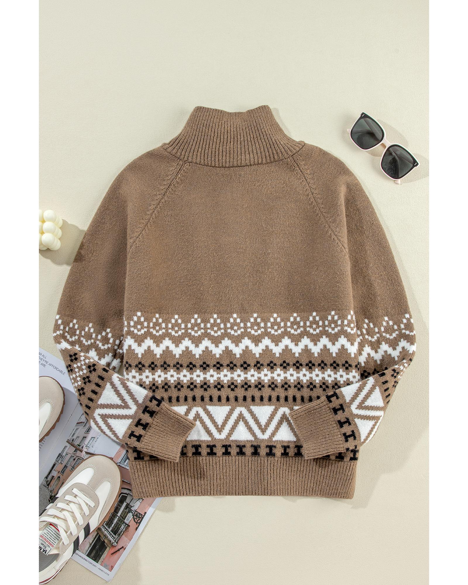 V539-AZEXDC2711750-P1720-L-202508281350-01 Brown Western Printed Ribbed Trim Collared Zip up Cardigan - L - Image 2