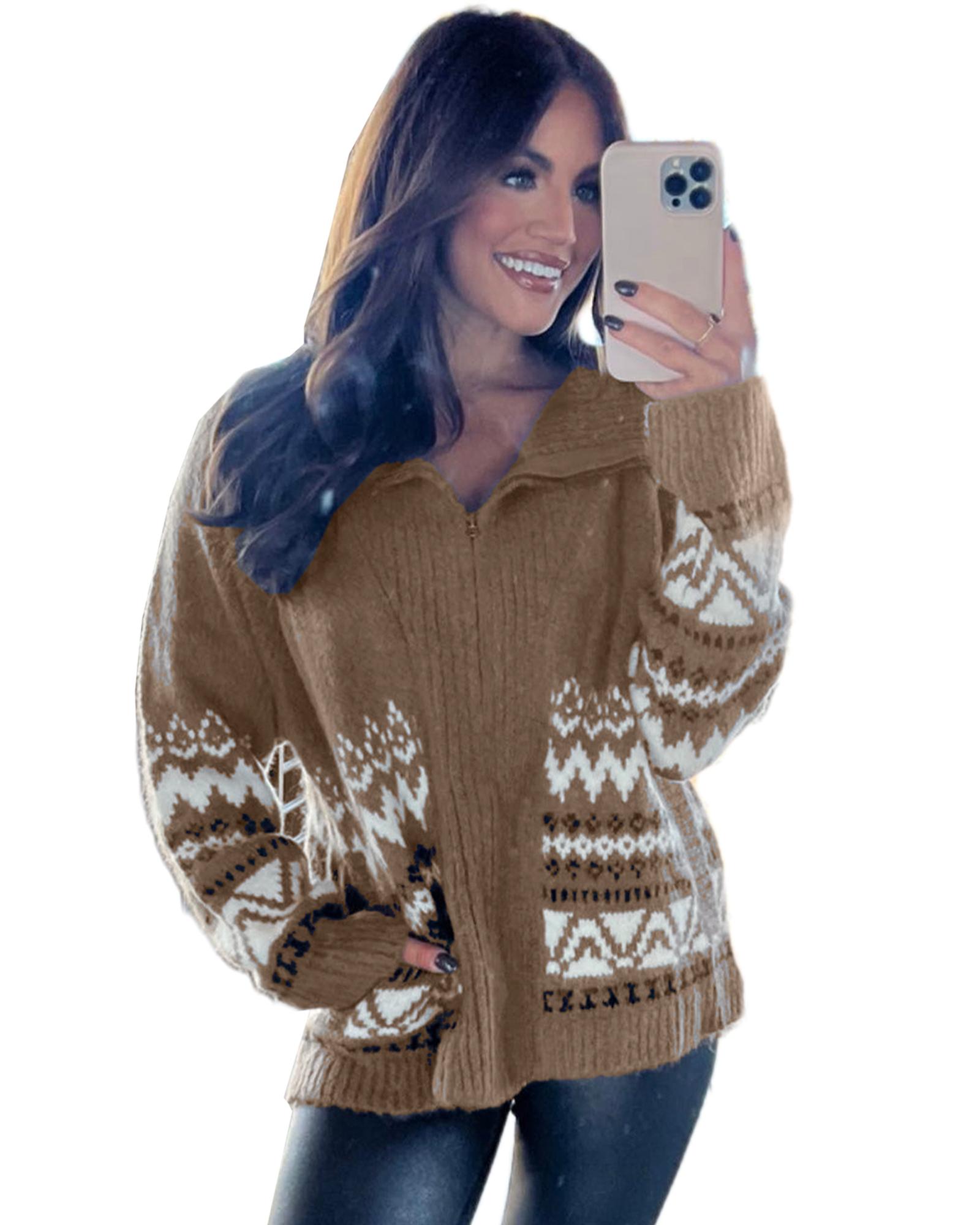 V539-AZEXDC2711750-P1720-L-202508281350-03 Brown Western Printed Ribbed Trim Collared Zip up Cardigan - L - Image 4
