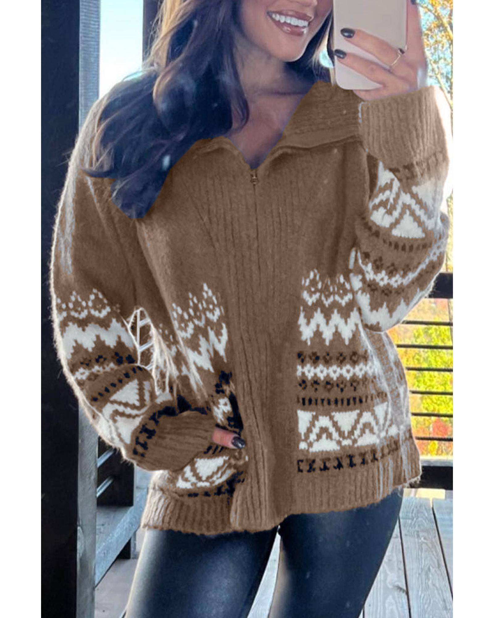 V539-AZEXDC2711750-P1720-L-202508281350-04 Brown Western Printed Ribbed Trim Collared Zip up Cardigan - L - Image 5