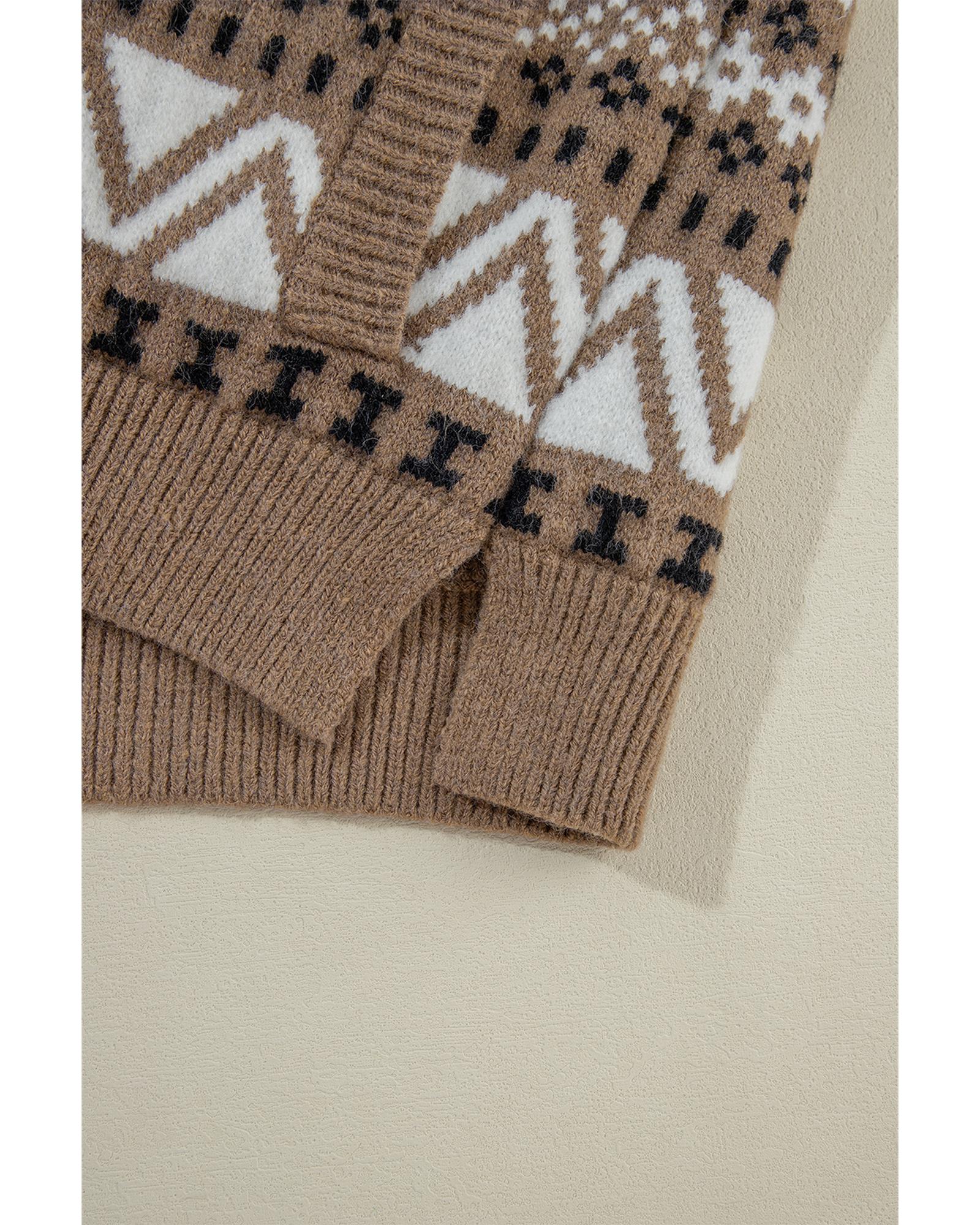 V539-AZEXDC2711750-P1720-L-202508281350-05 Brown Western Printed Ribbed Trim Collared Zip up Cardigan - L - Image 6
