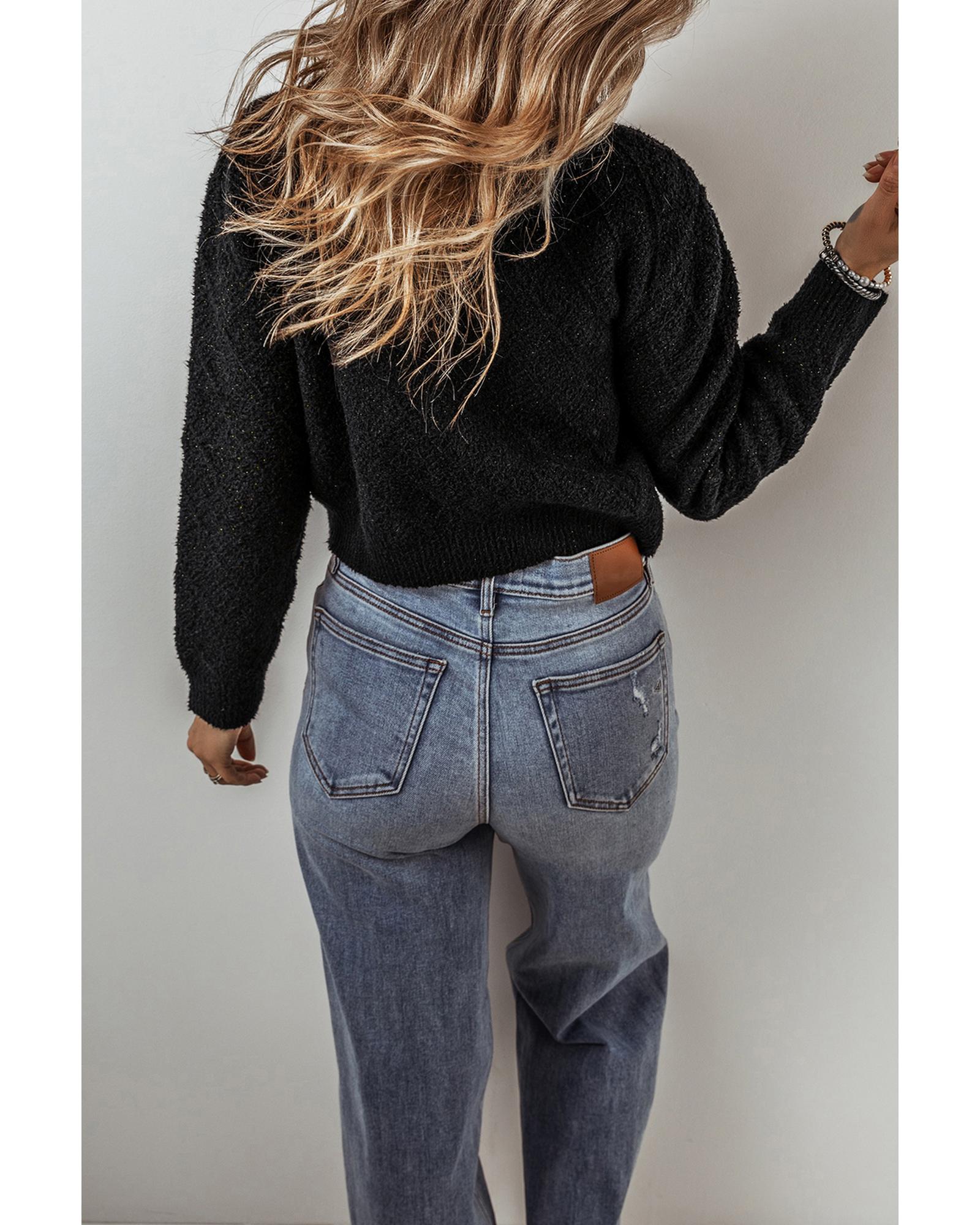 V539-AZEXDC2711781-P2-M-202508300305-01 Black Shimmer Flap Pocket Button up Cardigan - M - Image 2