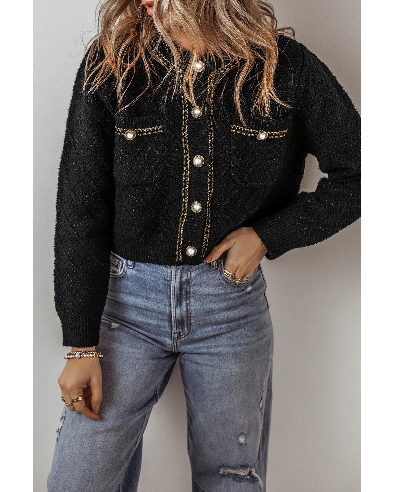 V539-AZEXDC2711781-P2-M-202508300305-02 Black Shimmer Flap Pocket Button up Cardigan - M - Image 3