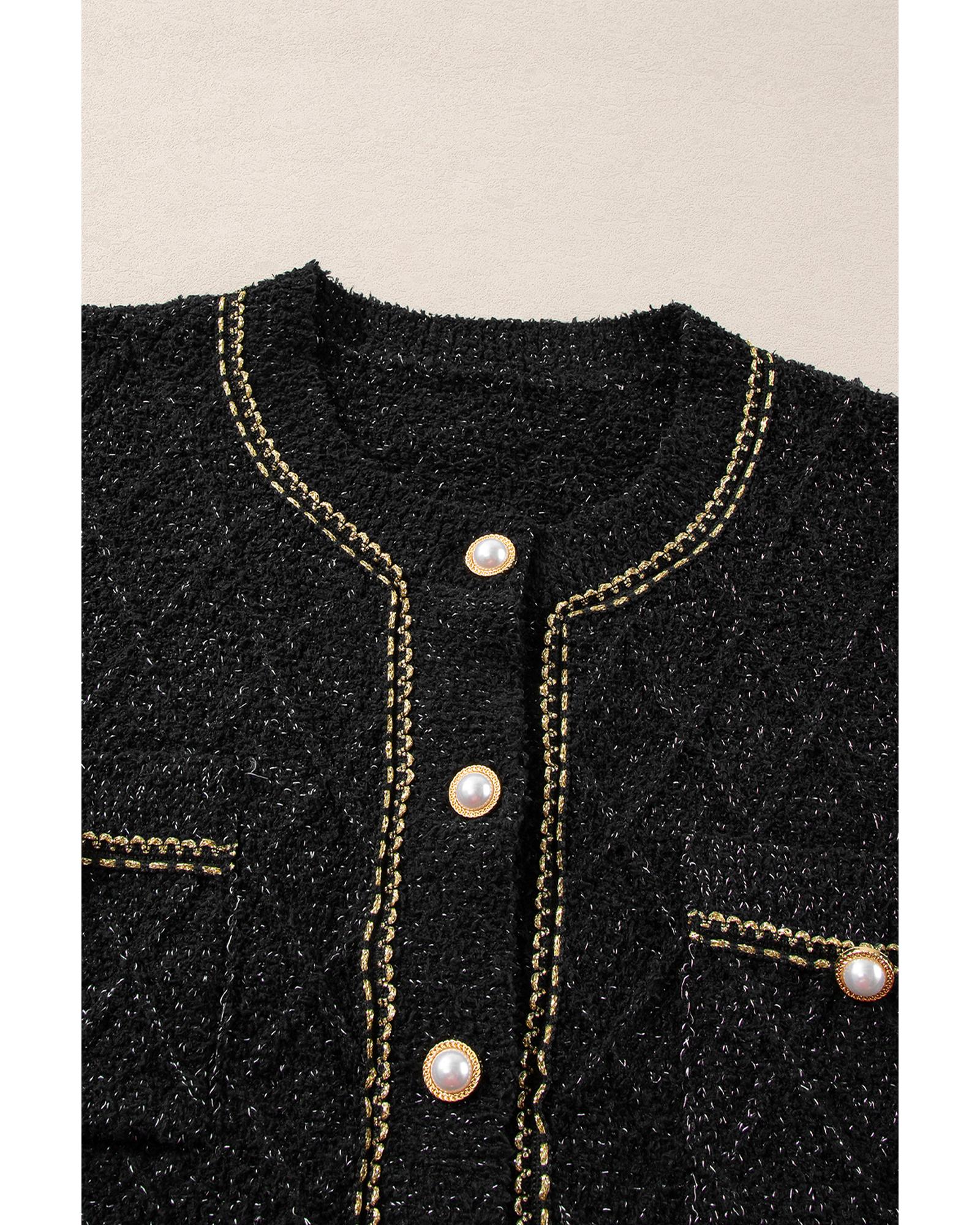 V539-AZEXDC2711781-P2-M-202508300305-03 Black Shimmer Flap Pocket Button up Cardigan - M - Image 4