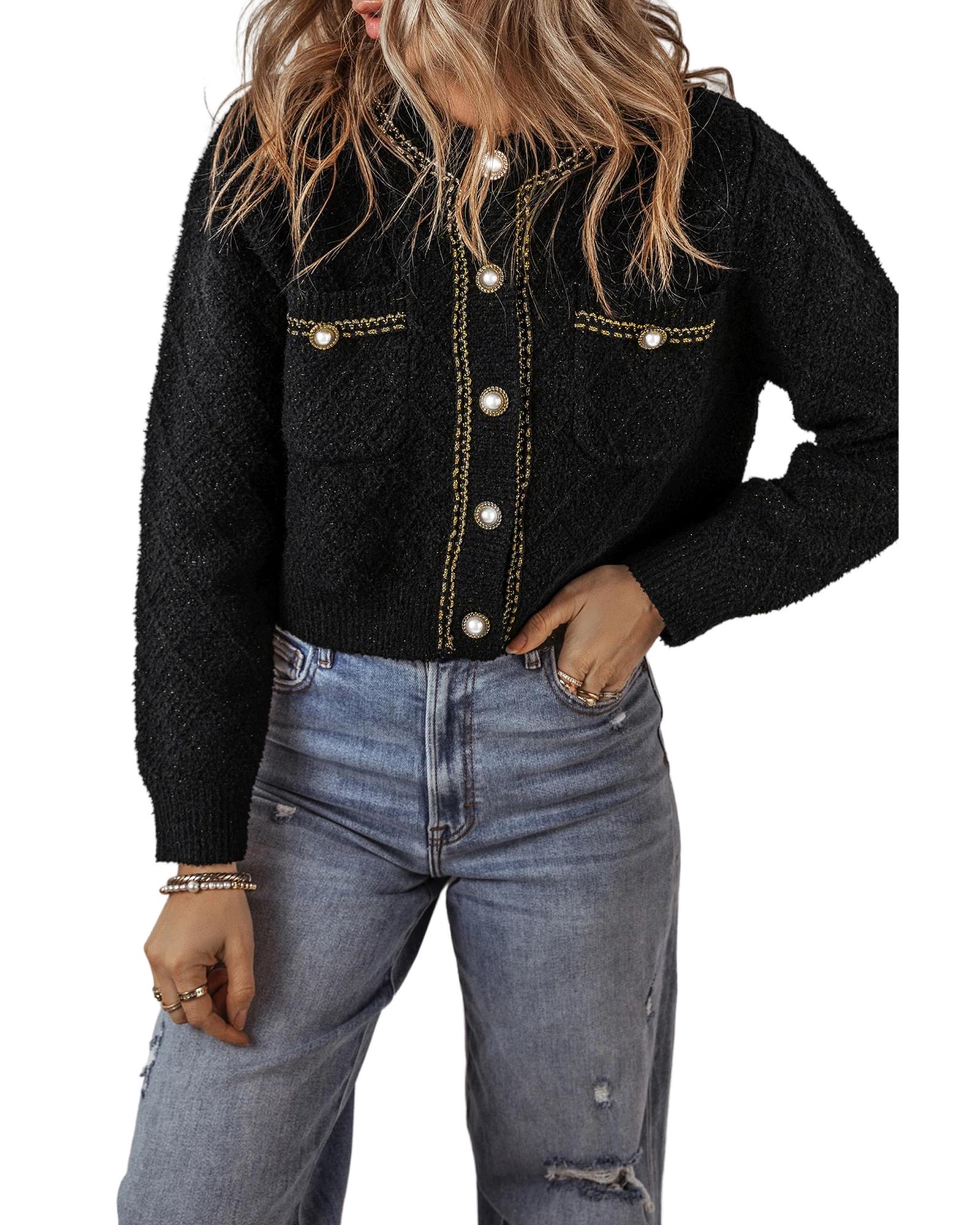 V539-AZEXDC2711781-P2-M-202508300305-04 Black Shimmer Flap Pocket Button up Cardigan - M - Image 5