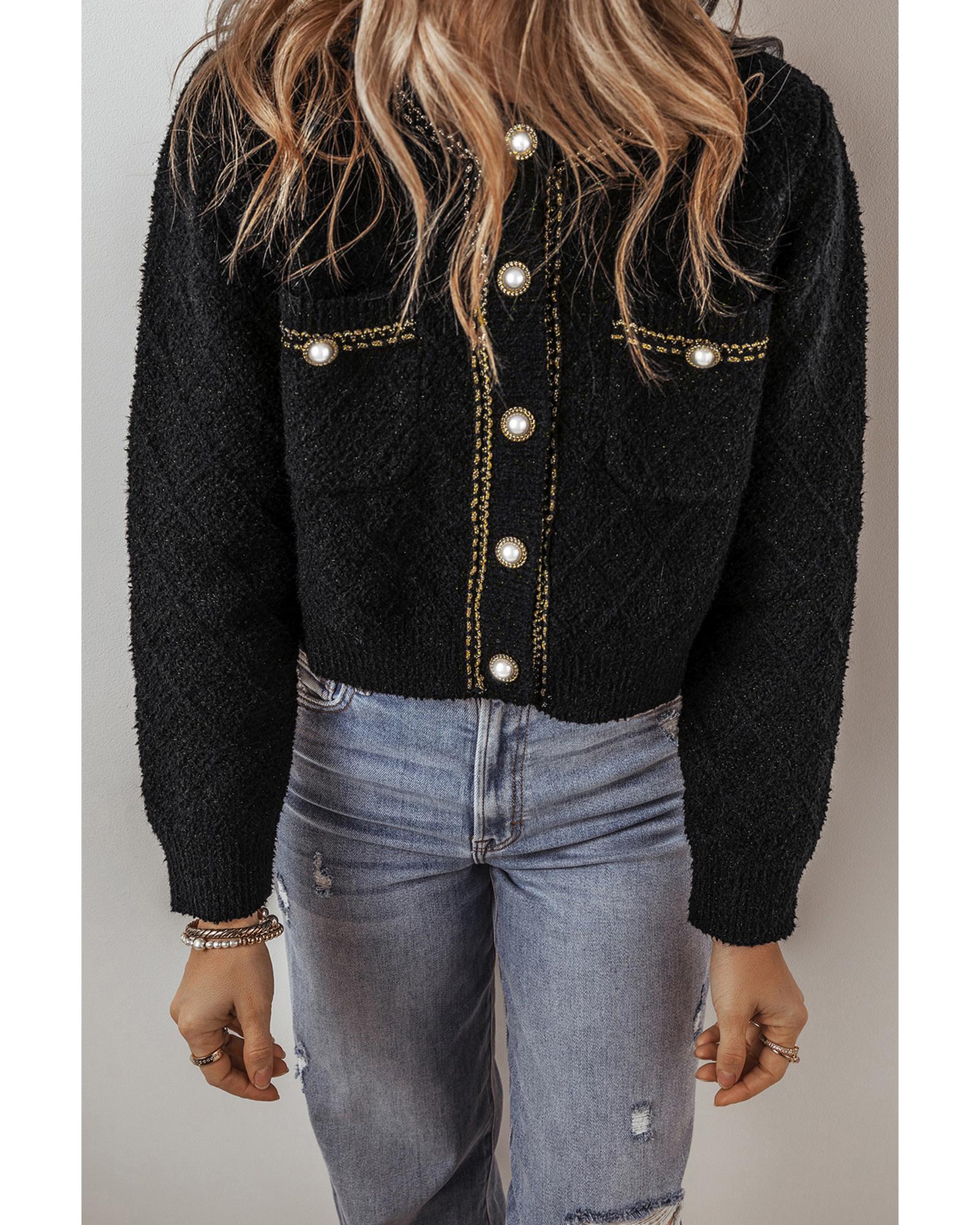 V539-AZEXDC2711781-P2-M-202508300305-05 Black Shimmer Flap Pocket Button up Cardigan - M - Image 6