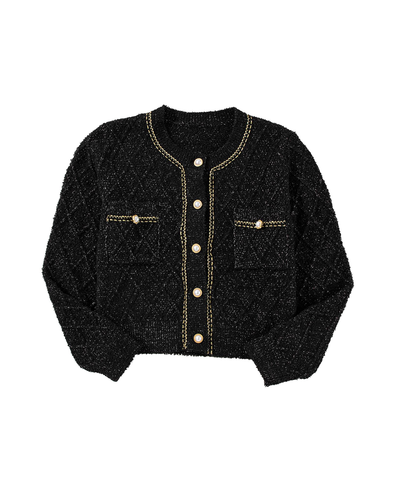 V539-AZEXDC2711781-P2-M-202508300305-06 Black Shimmer Flap Pocket Button up Cardigan - M - Image 7