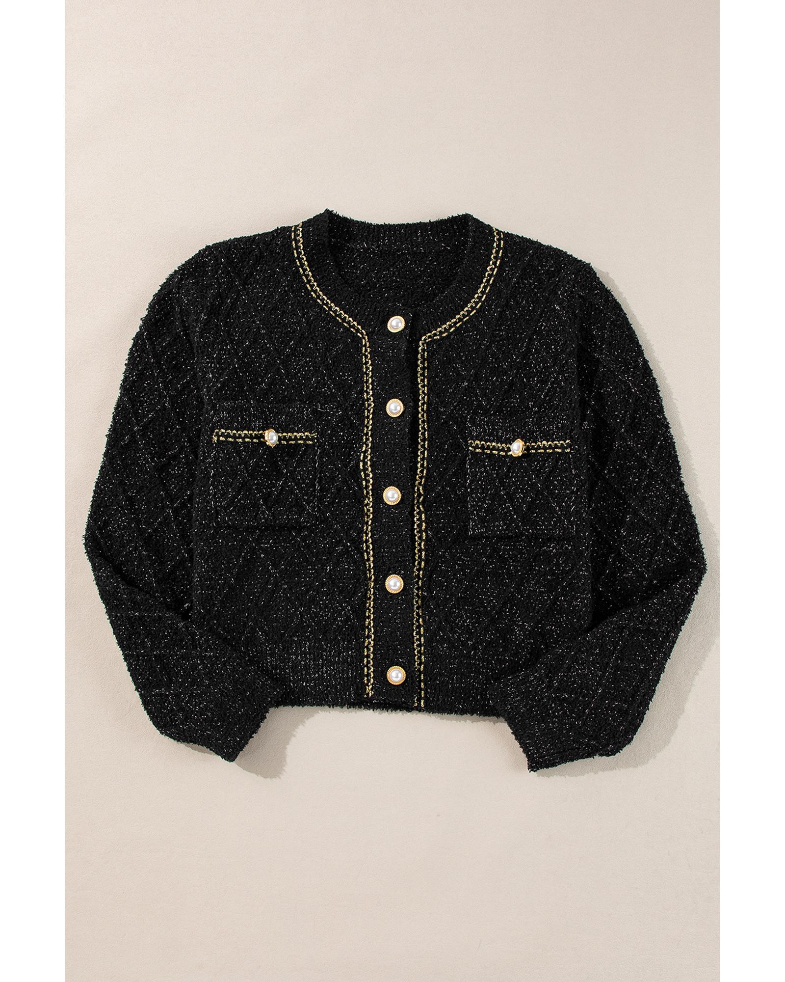 V539-AZEXDC2711781-P2-M-202508300305-07 Black Shimmer Flap Pocket Button up Cardigan - M - Image 8