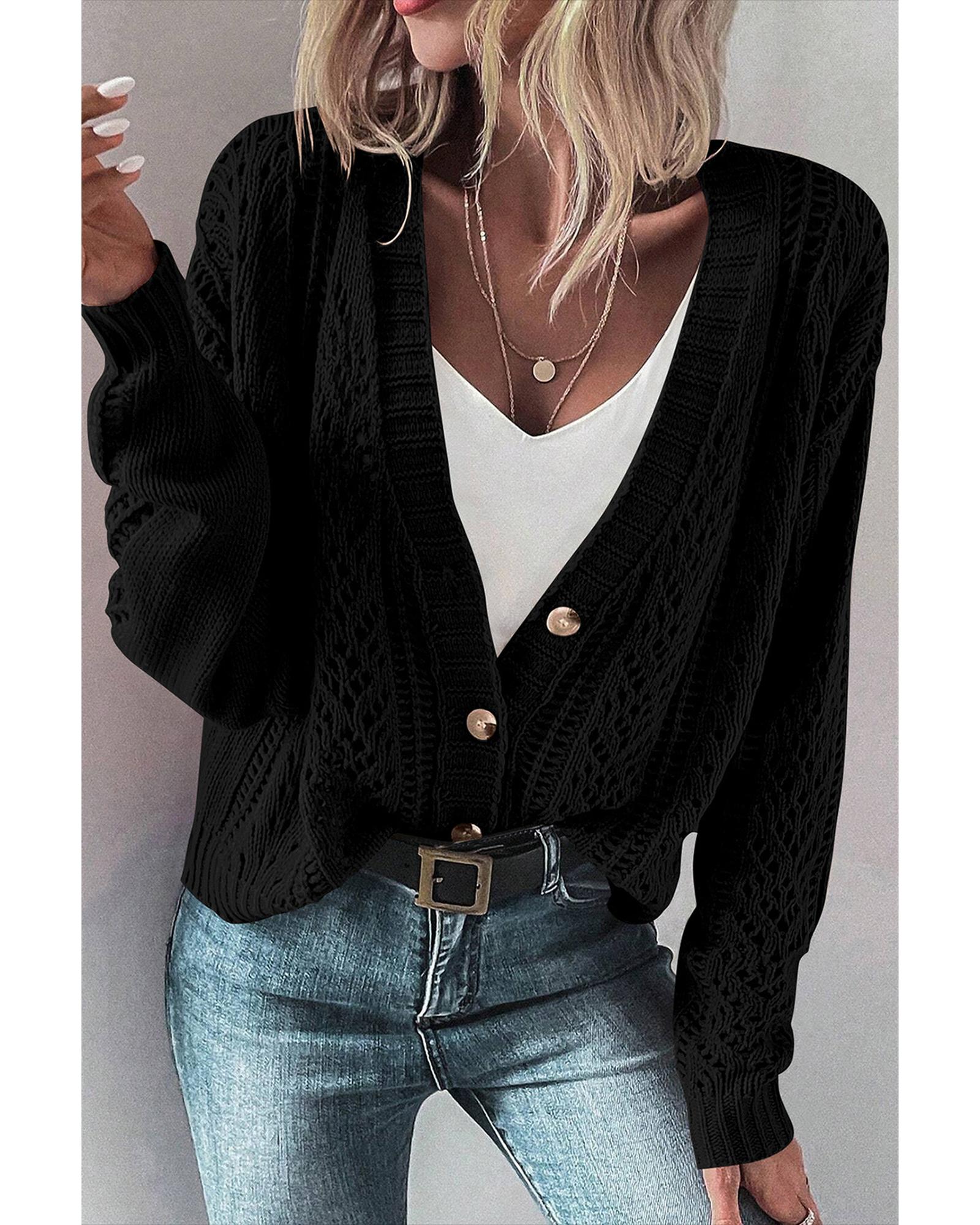 V539-AZEXDC2711785-P2-M-202508281815-06 Black Open Knit Drop Shoulder Sweater Cardigan - M - Image 7
