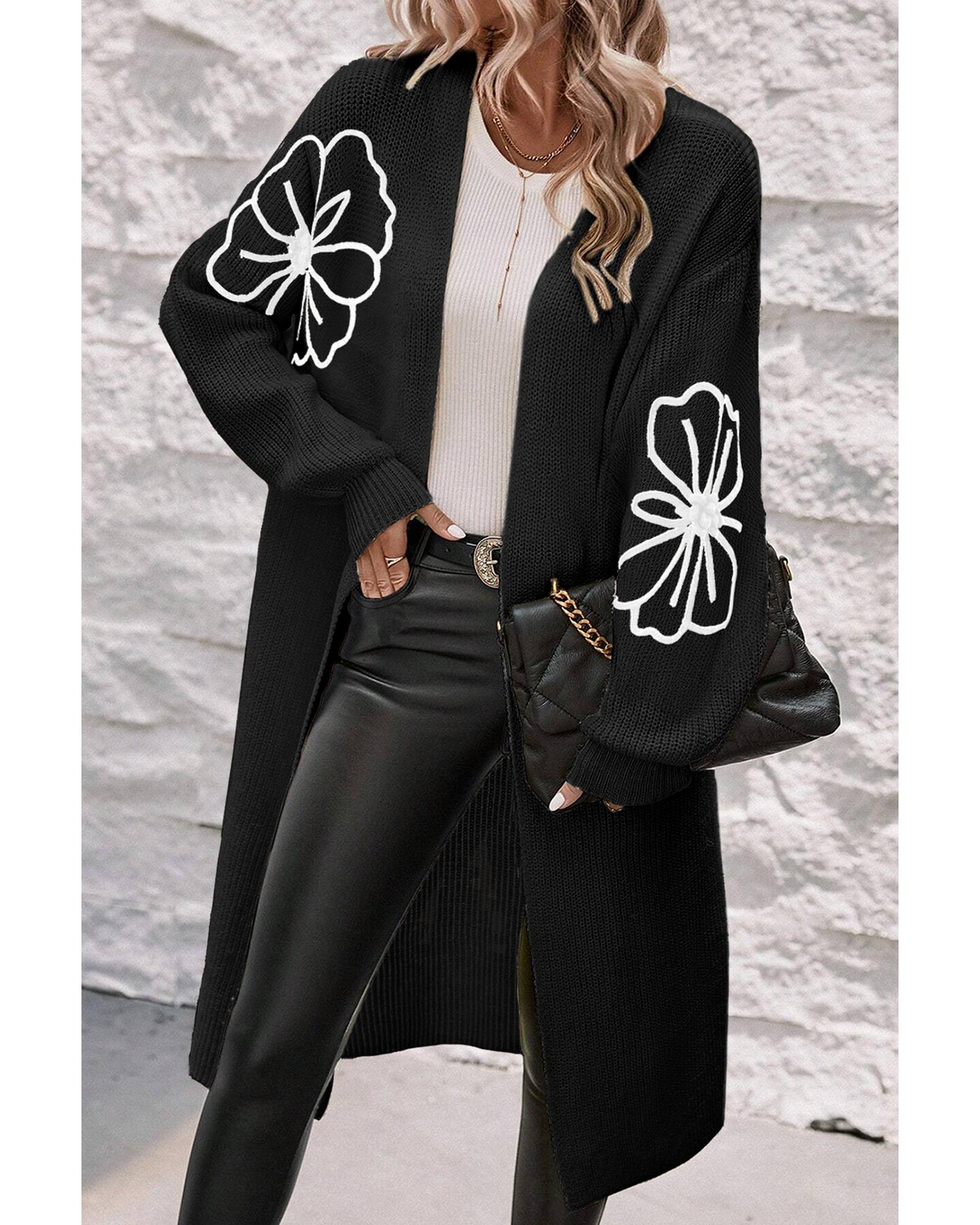 V539-AZEXDC2711808-P2-M-202508280320-05 Black Flower Embroidered Drop Shoulder Open Front Duster Cardigan - M - Image 6