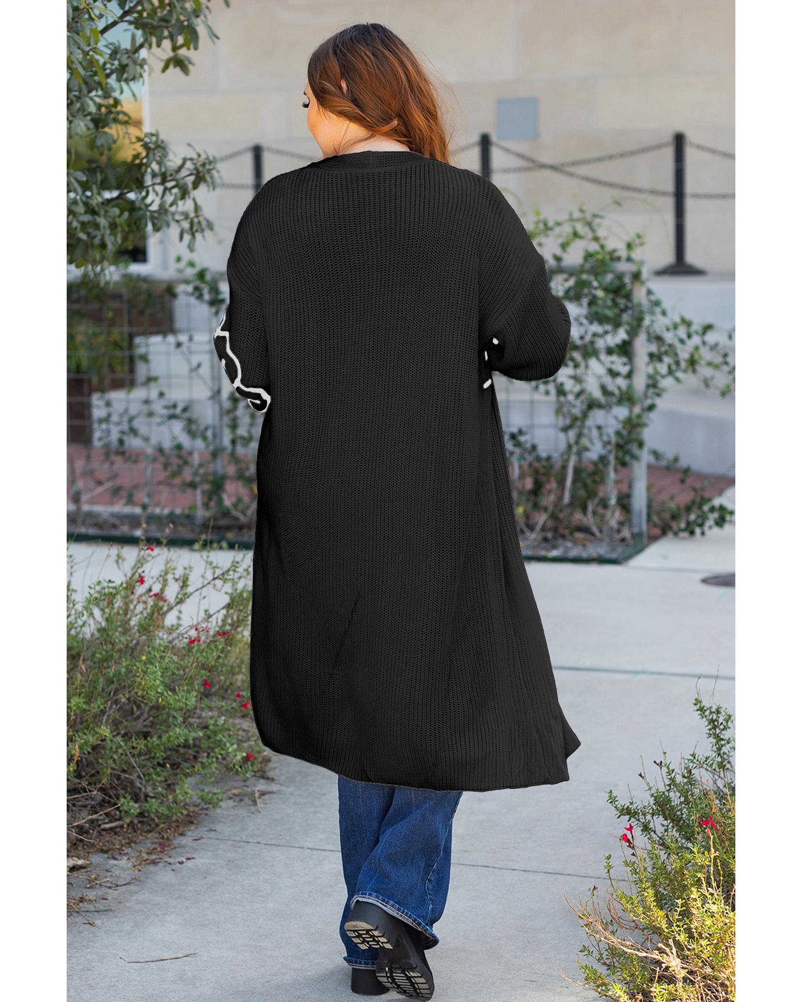 V539-AZEXDC2711808-P2-XL-202508280600-03 Black Flower Embroidered Drop Shoulder Open Front Duster Cardigan - XL - Image 4