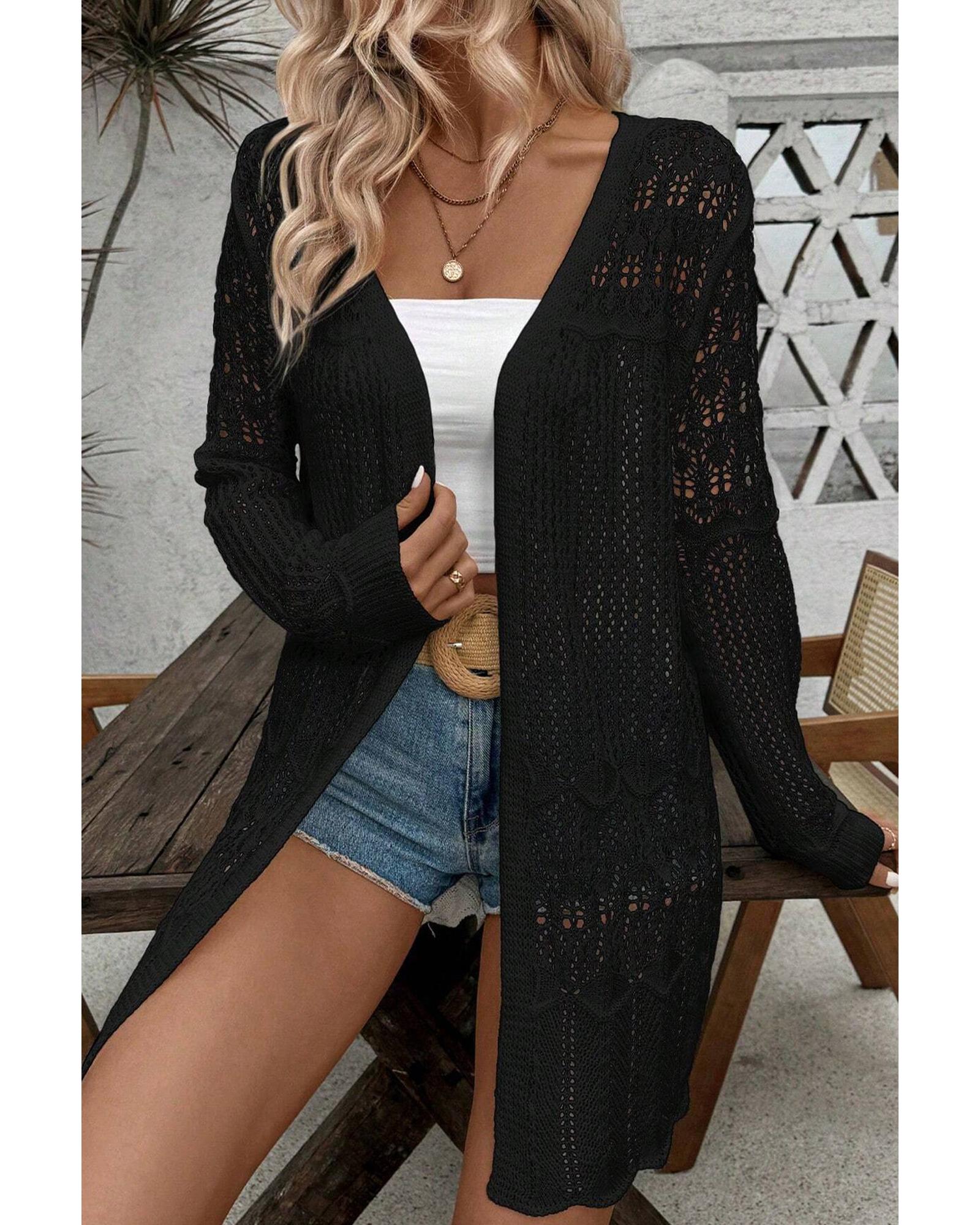 V539-AZEXDC2711893-P2-M-202508290015-02 Black Crochet Hollow Out Open Front Cardigan - M - Image 3