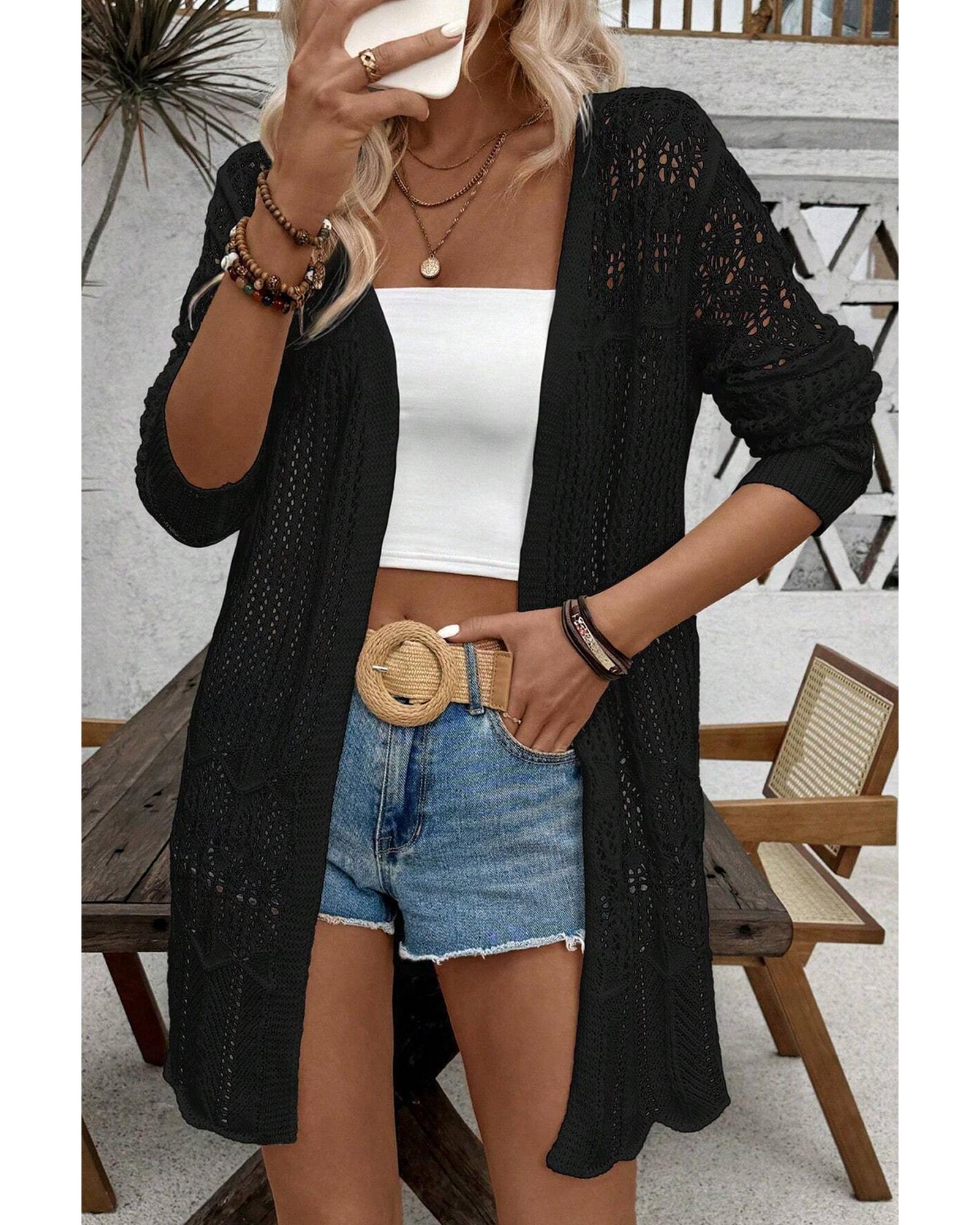 V539-AZEXDC2711893-P2-XL-202508291245-04 Black Crochet Hollow Out Open Front Cardigan - XL - Image 5